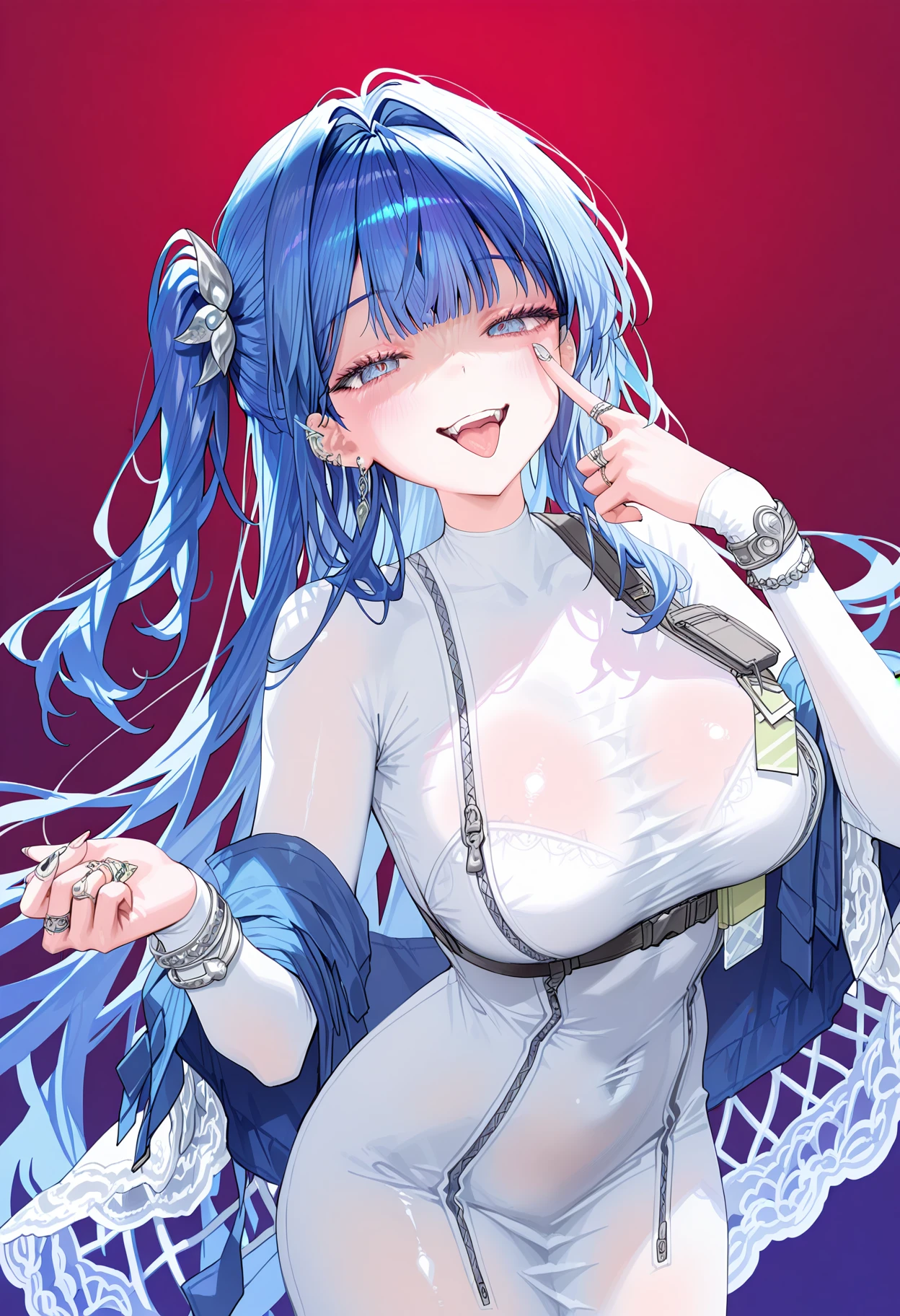 masterpiece, best quality, high resolution, source_anime, highly detailed illustration, detailed eyes, soft, extremely high resolution, HDR, photorealistic,high contrast, anime screencap, anime colored, anime coloring, very aesthetic, absurdres, newest, amazing quality, perfect face, detailed hair, hair detailed, yoneyama mai,extreme aesthetic, quasarcake, a1, rurudo,fuzichoco, rubi-sama, nanao naru,chyoel,iuui,aochoku,jima,shanyao jiang tororo,kim hyung tae,
<lora:shisarisenseiV1ill:1.0>, shisaristy,
1girl, solo,
<lora:shiArcanaNikkeV1ill:1>,
shiarcanarng, long hair, one side up, bangs, blue hair, blue eyes, hair ornament, hair ribbon, ribbon, hair flower,
earrings, jewelry, ring,
large breasts, long sleeves, white dress, see-through, belt, nail polish, long dress, official alternate costume, white bodysuit, shawl,
looking at viewer, crazy smile, shaded face, open mouth, upper teeth only, tongue out, eyelid pull, half-closed eyes, crazy eyes, crazy smile, laugh,