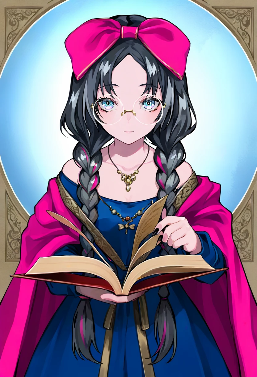 1girl, solo, book, holding, twin braids, braid, dress, glasses, bow, open book, looking at viewer, jewelry, blue eyes, black hair, long hair, hair bow, necklace, bangs, holding book, cape, streaked hair, multicolored hair, round eyewear, long sleeves, quill, blue dress, pen, black nails, closed mouth, pink bow, nail polish, off shoulder, ribbon <lora:LAMXL_NBVP1_lokr_V6311PZ:0.95>