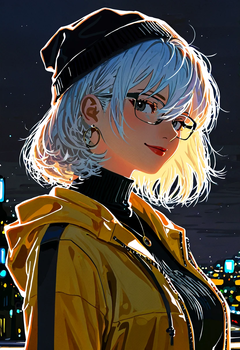 (masterpiece, best quality, high resolution, absurdres, newest,very aesthetic, amazing quality,impressionism style, ,Fabulous artwork,Volumetric image,),
masterpiece, Shinkaistyle,
pinkretroanime, retro art,
Cyberpunk Style, cyberpunk, science fiction, hi tech, future tech, neon, (Cybernetics:1.25), (Neon Cityscape:1), (lineless:1.5), smooth edges, (lighten the face:1.5), tall body, slender body, fit body, long legs, In the heart of a bustling city, under the clear blue sky, stands a young woman, an embodiment of youthful exuberance and urban chic. She is positioned in front of a vibrant street corner, where the cityscape blurs into a hazy backdrop. Her gaze is directed straight at us, a silent invitation to partake in her journey. Her attire is casual yet stylish, with a yellow jacket that adds a pop of color to the scene. She wears a black beanie, providing a contrast to her white hair and fair skin. A hint of blue peeks out from under her hat, mirroring the color of the sky above. She sports a pair of glasses on her nose, adding an air of sophistication. A small hoop earring is visible, complementing her unique look. Her hand rests lightly on her hip, while her foot is adorned with a black high-top sneaker, a subtle nod to the urban setting. Her eyes are full of life and adventure, reflecting the spirit of exploration that characterizes her persona. The wind is playing with her hair, creating soft waves in the air around her head. The lighting casts dramatic shadows on her face, highlighting her features and adding depth to the image. (night:1.95), (dark sky:1.8), (dark background:1.7),
(twilight:1.5), 1girl, solo, long hair, breasts, looking at viewer, blush, smile, short hair, bangs, blue eyes, blonde hair, shirt, long sleeves, hair between eyes, jewelry, medium breasts, closed mouth, jacket, upper body, white hair, outdoors, parted lips, open clothes, day, hood, medium hair, necklace, blurry, black eyes, from side, sweater, open jacket, lips, coat, grey eyes, black shirt, eyelashes, hoodie, makeup, depth of field, blurry background, turtleneck, wavy hair, sunlight, hood down, light smile, lipstick, building, portrait, hooded jacket, zipper, backlighting, pink lips, city, turtleneck sweater, sign, realistic, nose, drawstring, unzipped, red lips, road, hair behind ear, yellow jacket, zipper pull tab, black sweater, street, evening, sidelighting, yellow coat, lipgloss ,