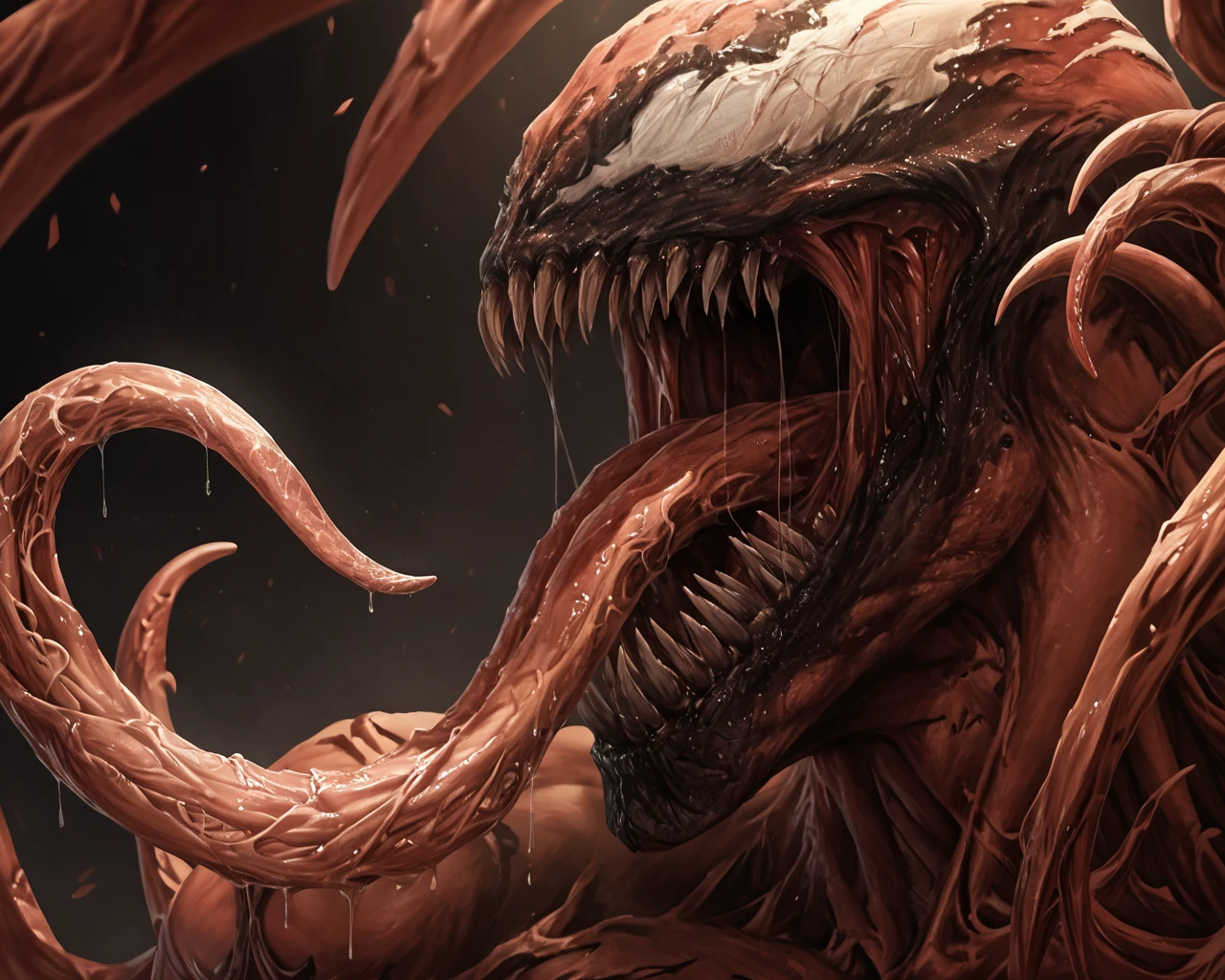 score_9, score_8_up, score_7_up, score_6_up, score_5_up, score_4_up, score_beautiful, upper body, masterpiece, an extremely detailed and delicate,extremely fine and beautiful, (masterpiece:1.2), (best quality:1.2), sharp focus, (8k), beautiful, high quality, (highres:1.1), (depth of field),realistic, best quality,masterpiece,ultra high res,(photo realistic:1.2), detailed, extremely detailed 4K, intricate, hyper detailed, illustration, soft lighting, high resolution, sharp detail, perfect lighting, Ca1na_ge, teeth, 1boy, solo, darkness, shadow, monster, sharp teeth, claws, no humans, tongue, muscular, saliva, long tongue, tongue out, tentacles, white eyes, red skin, <lora:Carnage_from_Marvel_Universe:0.95>, <lora:Light_ControlSD15_LeftRight:1> Light, <lora:DarknessSD:2>, <lora:dark_aura_xl:1>