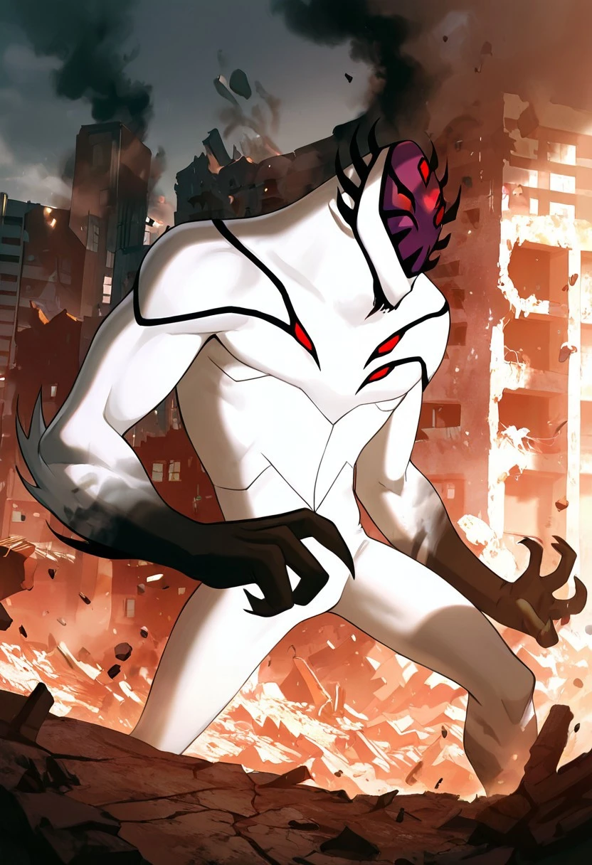 masterpiece, best quality, amazing quality, very aesthetic, absurdres, newest,, detailed background,
highbreed, extra eyes, solo, alien, white skin, purple face, , monster, red eyes, black hands, , claws, black head spikes, white body,
punching building, destroyed building, falling building, destroyed city, smoke, attacking building, pushing building, from side,