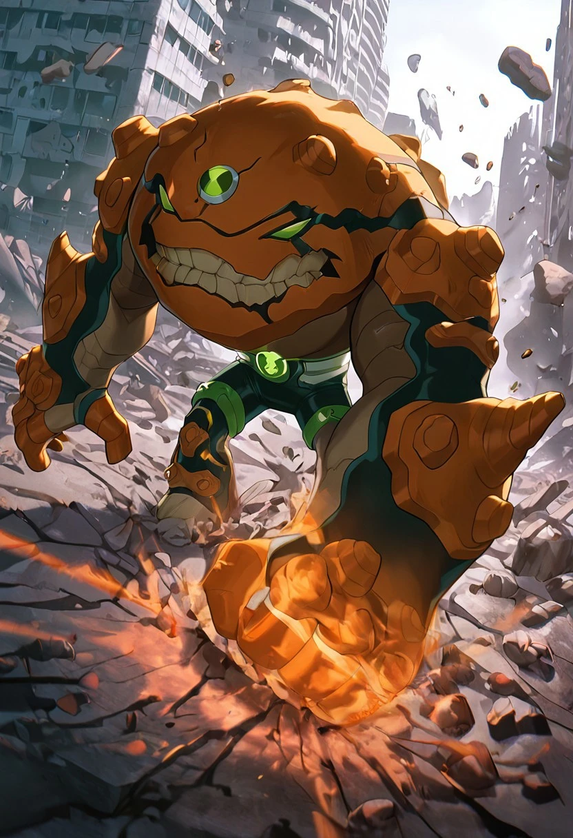 masterpiece, best quality, amazing quality, very aesthetic, absurdres, newest,, detailed background,
gravitack, crooked teeth, 1boy, armor, monster, green eyes, solo, massive arms, big hands,
destroyed city, punching ground, broken ground, floating rocks,