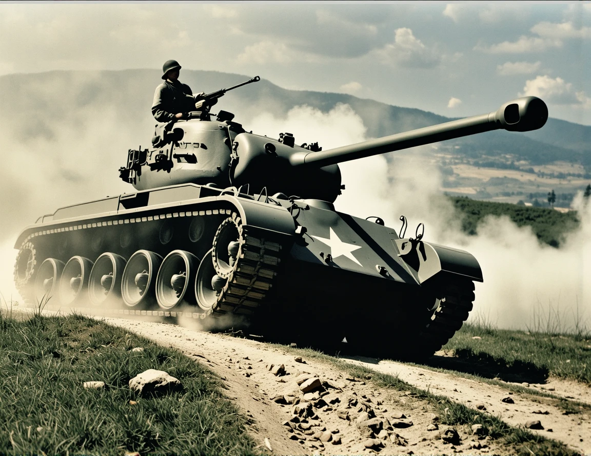 sketch of a battlefield, Masterpiece, Top quality, WWII (1.5), Harsh battle atmosphere (1.4), Smoke lines (1.1), Exquisite weapons (1.0), Atmospheric lighting (1.1), Cinematic composition (1.2), European landscape circa 1940, Historical accuracy (1.4),, <lora:m26:0.9>m26,
This is the American tank M26 from WWII. Body length 6.33m, overall width 3.51m, overall height 2.78m.Three-quarter view.Crawler, wheels.white star,Headlights, headlight guards, and mounted machine guns are installed on the front of the vehicle.A muzzle brake at the end of the long barrel.muzzle.tank races up a grassy slope.hatch open.no humans.