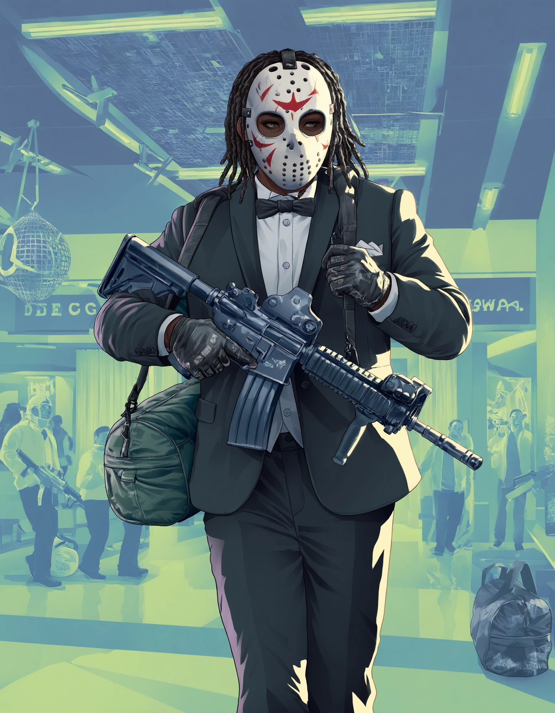 (masterpiece, shaded) gta6style, digital art, detailed background, indoors, bank, green theme, solo, human, male, black skin, dreadlocks, black hair, tuxedo, duffel bag, walking, assault rifle, m4 carbine, hockey mask, <lora:GTA6 Key Art Style NoobA:1>