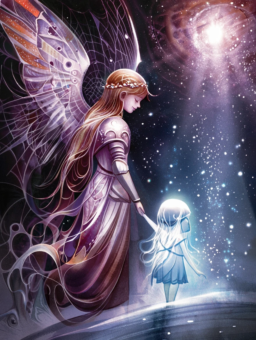 Seb Mckinnon illustration style. Angel holding the hand of a small pale spirit girl. They are both walking towards a bright light. They both are smiling. Feeling of happiness and relief.