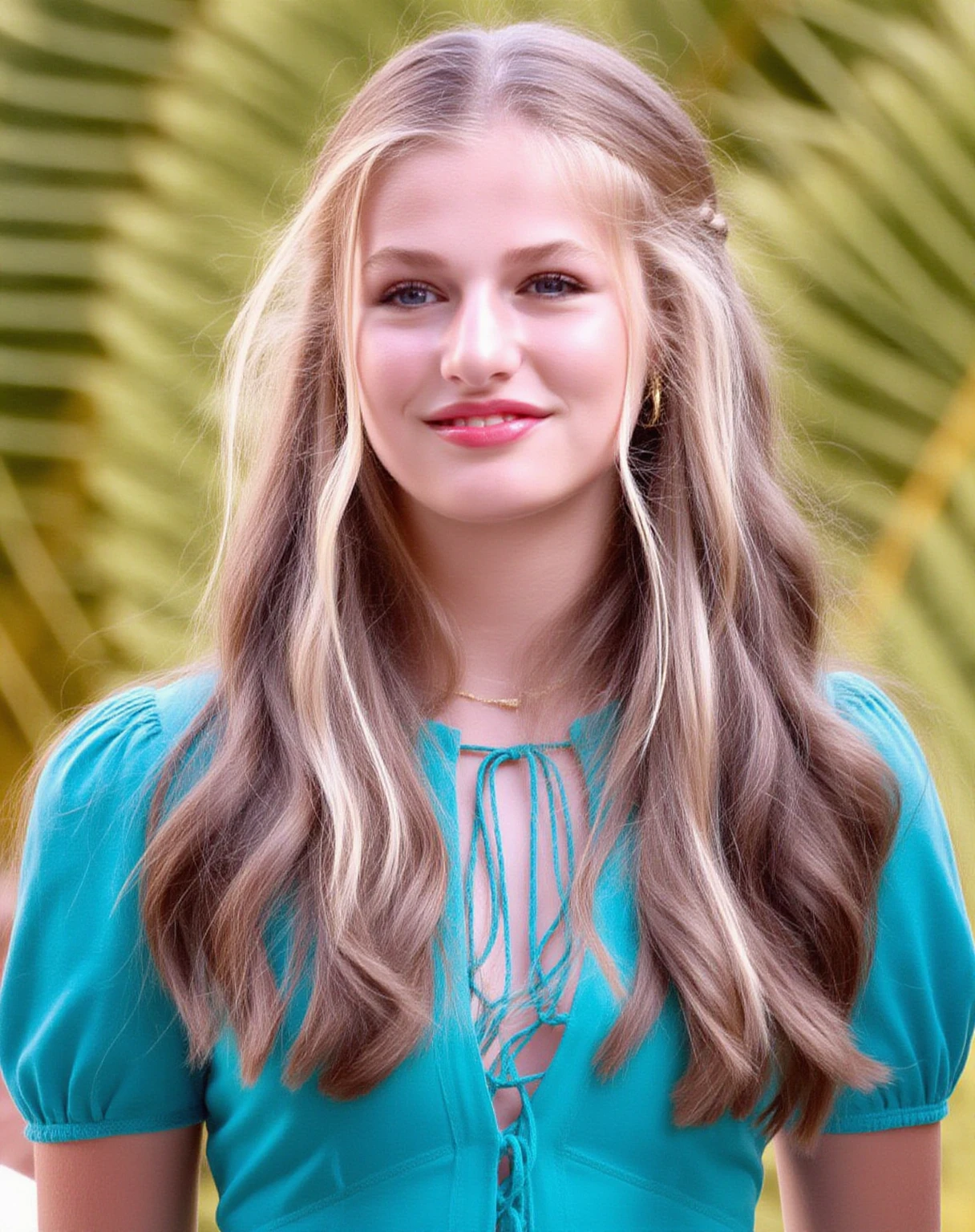 The image is a high-resolution photograph featuring a young woman with fair skin and long, wavy blonde hair that cascades past her shoulders. She has a light complexion with a natural makeup look, including subtle eyeshadow, mascara, and a soft pink lipstick. Her expression is gentle and slightly smiling. She is wearing a vibrant, turquoise-green dress with a deep V-neckline and short, puffed sleeves that end just below her elbows. The dress is made of a lightweight, flowy fabric that appears to be cotton or a similar natural fiber. The dress has a series of small, round buttons running down the center front, adding a touch of elegance and simplicity to the design.
The background of the image is blurred but suggests an outdoor setting, with hints of greenery and possibly palm trees, indicating a tropical or warm climate. The lighting is natural, likely daylight, which highlights her features and the texture of her hair and dress. The overall mood of the photograph is warm and inviting, capturing a moment of casual elegance., princess leonor \(celebrity\)