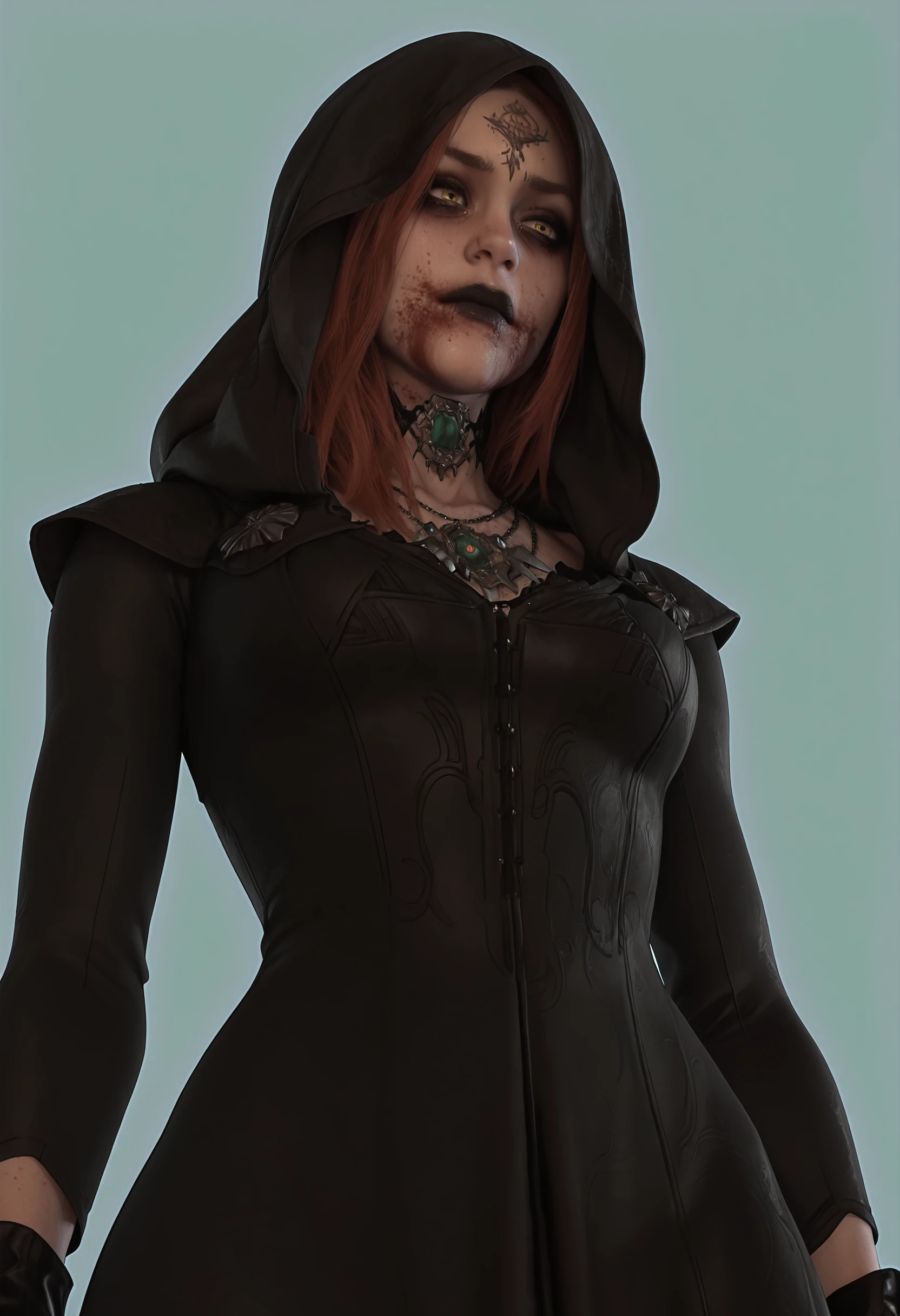 masterpiece, best quality, amazing quality, very aesthetic, absurdres, newest, <lora:DanielaDimitrescuILf:1> d4nilf, 1girl, red hair, yellow eyes, black lips, forehead tattoo, blood on face, choker, necklace, dress, hood, gloves, upper body, from below, frown,
light blue background, simple background,