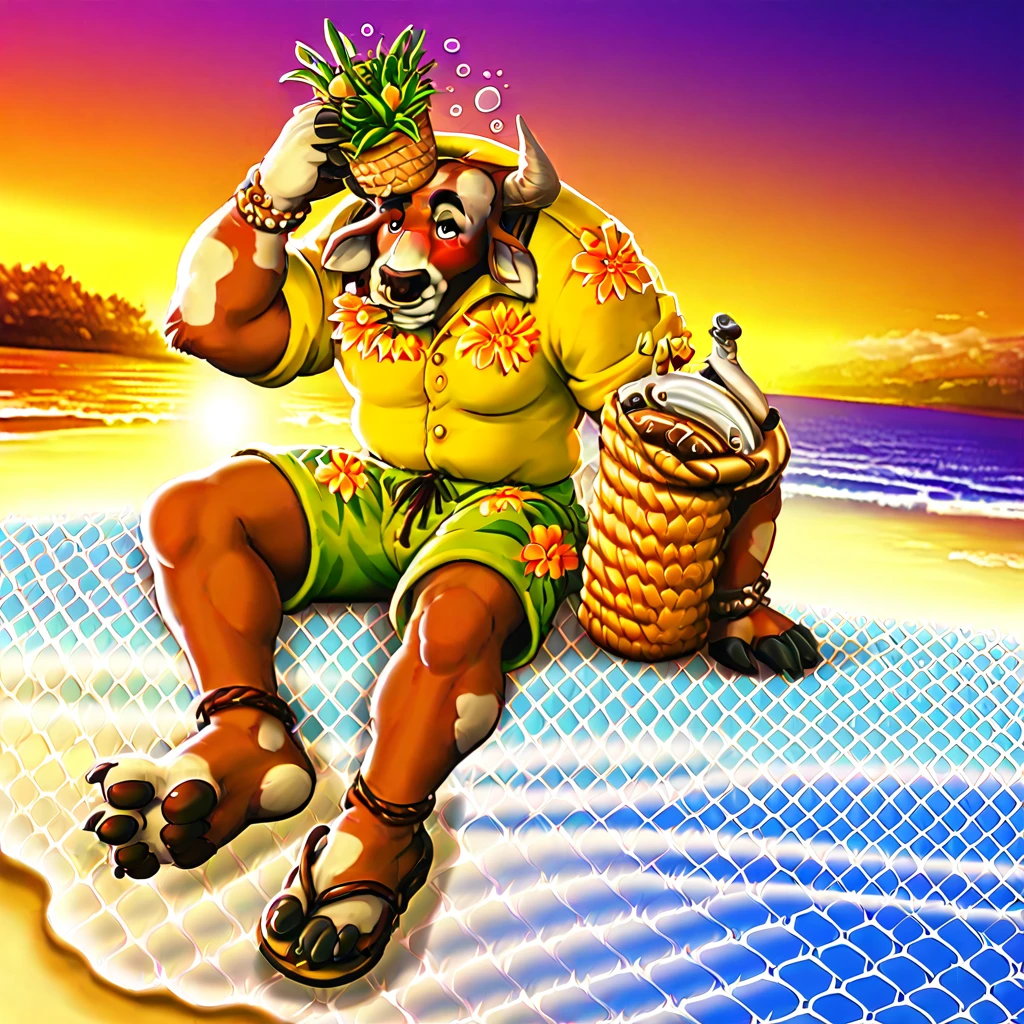 Super muscular adult boar beastman,(Wear Hawaiian traditional clothing:1.7),Open your mouth and stick out your tongue,Surrounded by erect men,(a large amount of semen on the face and body,:1.6),Outdoor,Southern Island,(Deep Throat:1.5),(Nipple ring piercing:1.3),Cumshot from huge red and black erect penis,scrotum,(Masked:1.5),Brown fur,Black hair and beard