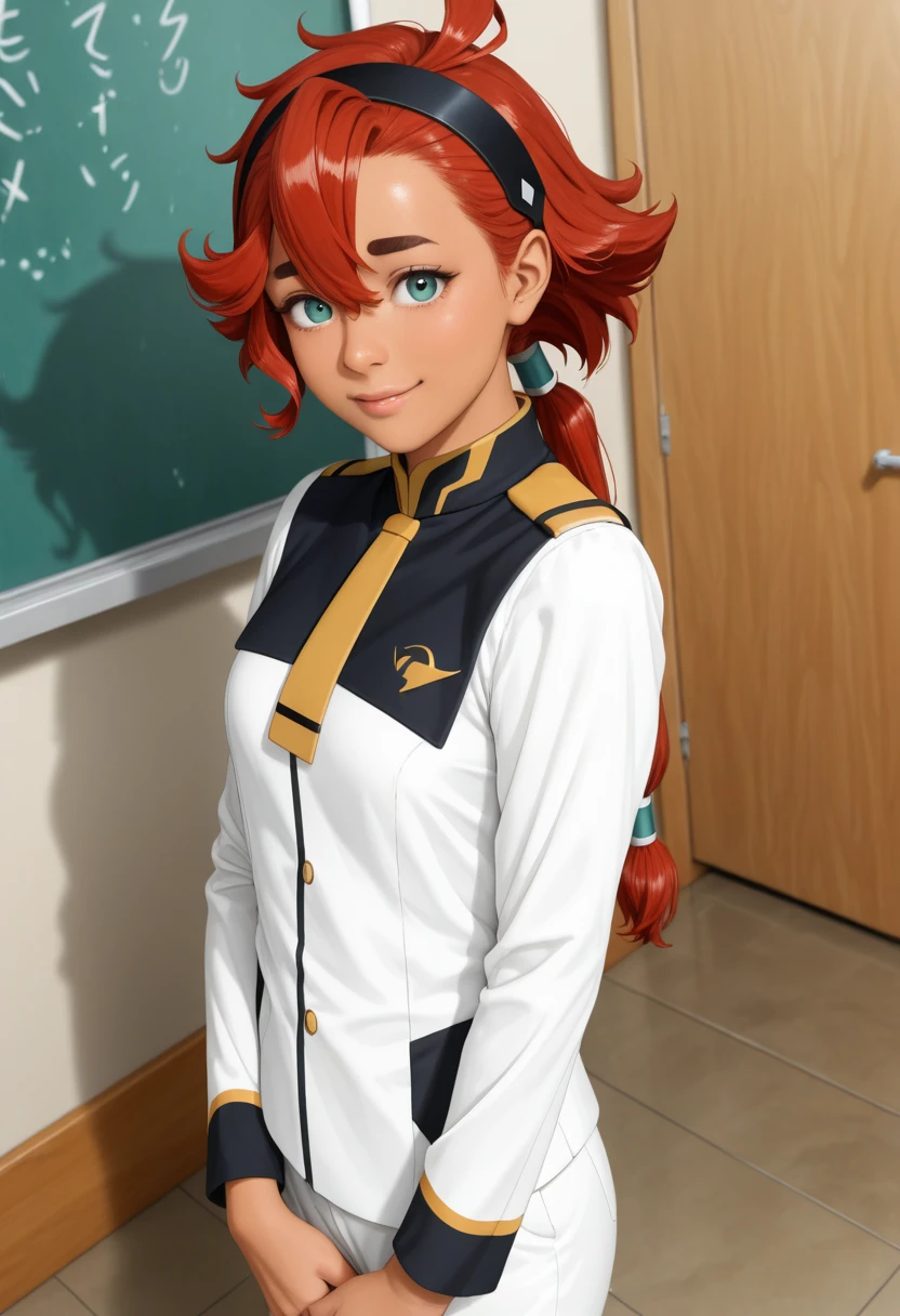 Witch of Mercury,1girl,suletta mercury,
red hair,solo,uniform,Melty smile,
indoor,
school,
looking back,
looking down,from above,looking at viewer,
cowboy shot,
v arms,anime,
realistic,photograph,teen,
masterpiece,
best quality,
amazing quality,
ultra detailed