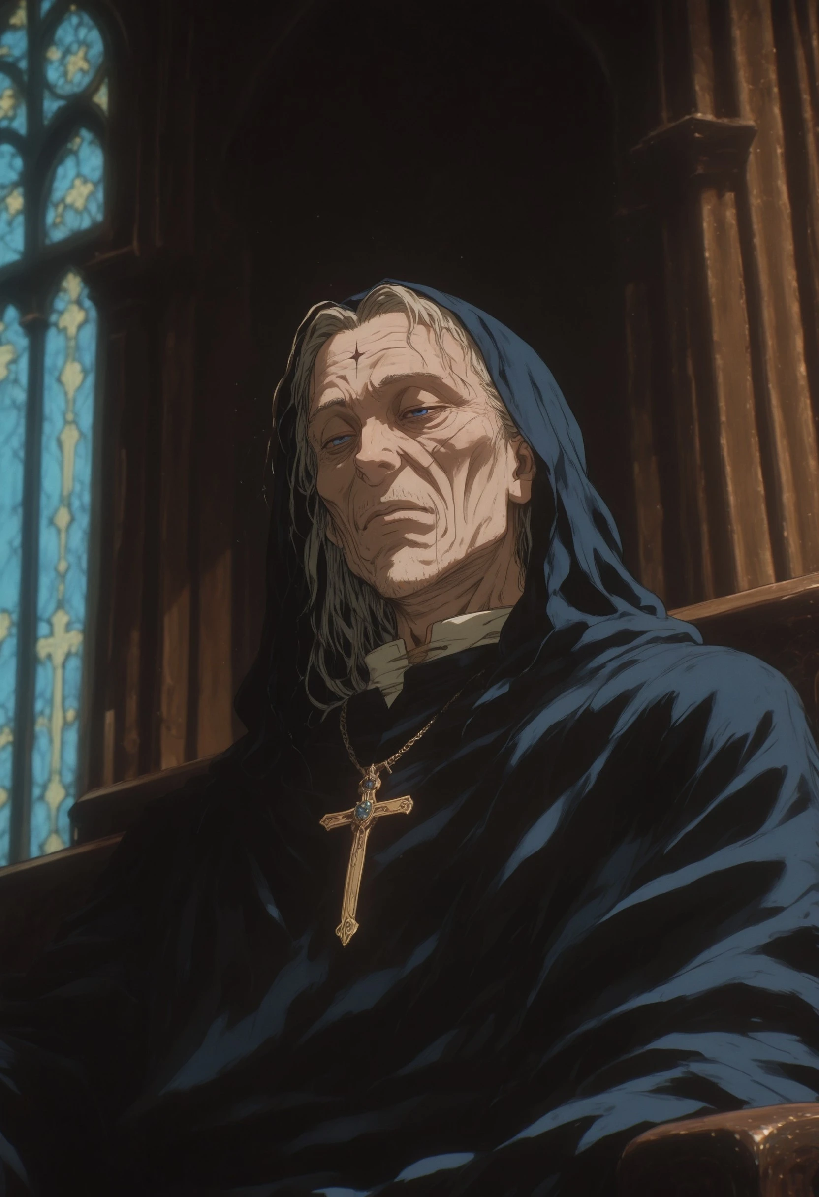 crdhrs2, old man, church friar, catholic, 1boy, friar, capelet, black_robes, solo, cross-pendant, single_necklace, tired eyes, blue_eyes, dark background, upper body, simple background, sitting, dark, stonewall, solitude, dynamic dutch angle, masterfully drawn, 4K, amazing quality, aesthetic, details, framevault, latest 2024, <lora:f433d27d-5d64-45e4-8805-fb94d21fd6ad:1.0>