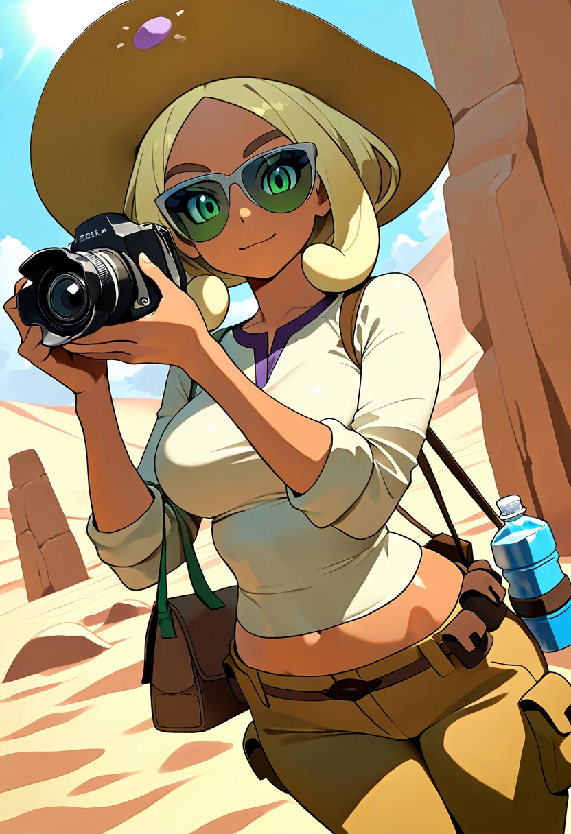 masterpiece, best quality, solo, curvy, beautiful eyes, narrow waist, wide hips, 1girl, solo, smile, looking at viewer, dynamic angle, foreshortening, close up,    zzViola, viola (pokemon), green eyes, eyelashes, thick eyebrows, blonde hair, short hair, parted bangs, sidelocks, holding camera,  <lora:ViolaPokemonIXL:1.0>,[Desert Oasis], lightweight tan linen shirt with rolled-up sleeves, wide-brimmed sun hat, mirrored sunglasses, loose cargo pants, leather sandals, utility belt with water bottle holder, sun-drenched desert dunes with sparse cacti, camel caravan in the distance, preparing for a desert trek,
