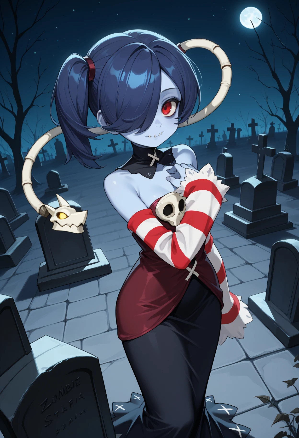  ,ahegao, ecchie style, full body art, anime character; full body art, high quality, best quality: 1.3) ), wavy, solo, small breasts, lat viewer, bare shoulders, open sleeves, hair over one eye, red eyes, side ponytail, single ponytail, loose collar, skull, ((blue skin)), stitches, zombie, striped sleeves, stitched mouth, extremely detailed, highly detailed, perfect face, beauty, perfect eyes ((skeletal arm, vivid tails, big butt, big lips)) ggy eyes, makeup, big eyelashes, cute, adorable, serious, ((leviathan: 1.3)), full body, ecchi, anime arts, seve anime girl, beautiful anime woman, bunny suit