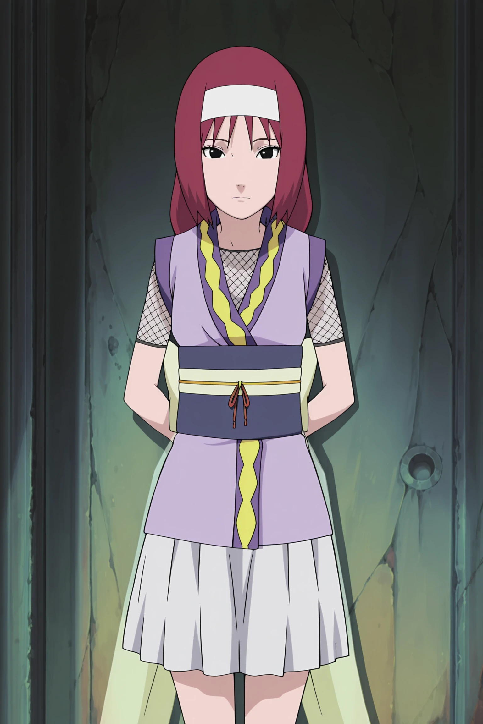 anime screencap, anime coloring, detailed face, masterpiece, best quality, very aesthetic, absurdres, volumetric lighting, official style, amazing quality, ultra detailed, highres, amazing quality, scenery, beautiful detailed hair, beautiful detailed eyes,
<lora:StS-Illustrious-Detail-Slider-v1.0:4>
<lora:Honoka_Naruto_Shippuden:1>,
Honoka (Naruto character), 1girl, solo, red hair, hairband, fishnets, arms behind back, japanese clothes, skirt, sash, black eyes, looking at viewer, ninja, obi, legs