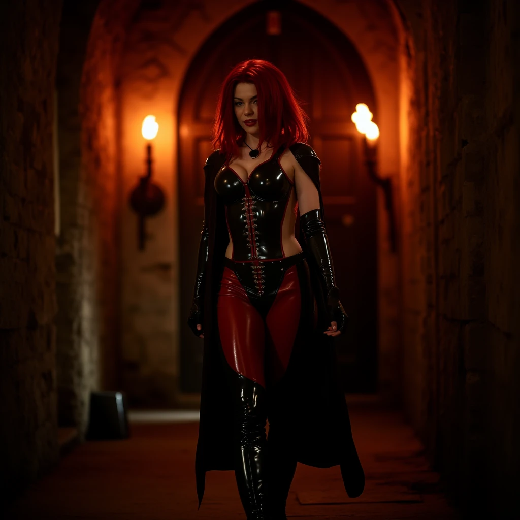 full body shot, 1girl, fantasy sorceress, mage robe, leg slit, redhead , legs, mossy stone walls in background,navel, panties, thigh high boots