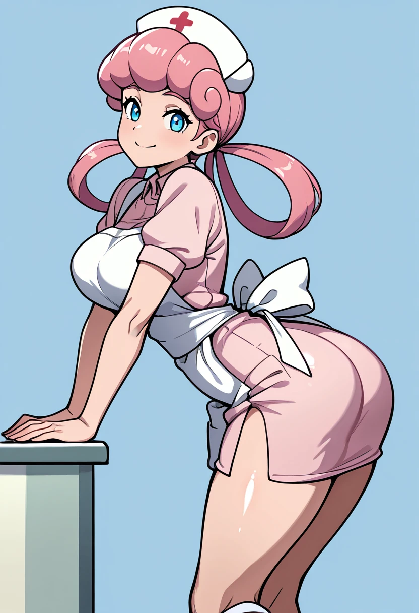 nurse joy, pokemon, slutty, body focus, big tits, exposed midriff, exposed pussy, public, city hospital, bokeh, pink hair, slutty nurse uniform, hat, enormous breasts, sitting on a counter with spread legs, pink pubic hair, cleavage, nipples, looking at viewer, skimpy apron, 1girl, solo focus, sugimori ken 1990s