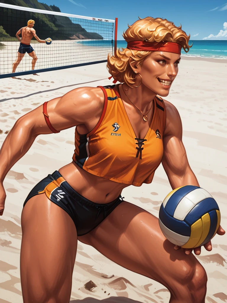 <lora:Fejyelsae__Classic_Dungeons__Dragons:0.7> fejyelsae,,short hair, blonde hair, headband,, necklace, jewelry,,
playing beach volleyball, on a beach, spiking the ball, smiling, sports, action shot