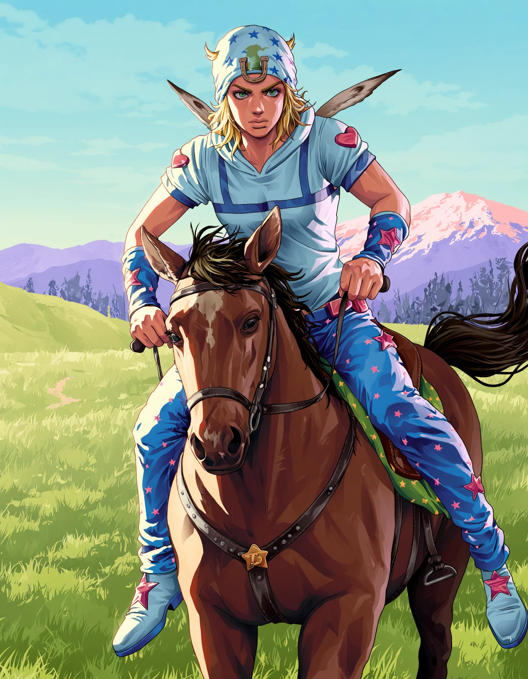(masterpiece, shaded) gta6style, digital art, detailed background, johnny joestar, jojo no kimyou na bouken, blonde hair, star pattern, horseback riding, mountainous horizon, grass, action pose <lora:GTA6 Key Art Style NoobA:1>
