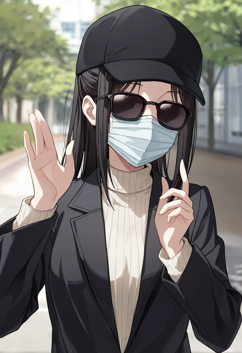 masterpiece, best quality, good quality, very awa, newest, highres, absurdres,outdoors,KaguyaShinomiya-LoveIsWar,
Kaguya Shinomiya \(Love is War\), 1girl, solo, black hair, long sleeves, hat, jacket, sidelocks, sweater, black jacket, hands up, black headwear, mask, turtleneck, parody, sunglasses, ribbed sweater, meme, turtleneck sweater, mouth mask, beanie, surgical mask
, <lora:Kaguya Shinomiya (Love is War) Illustrious v2:0.8>