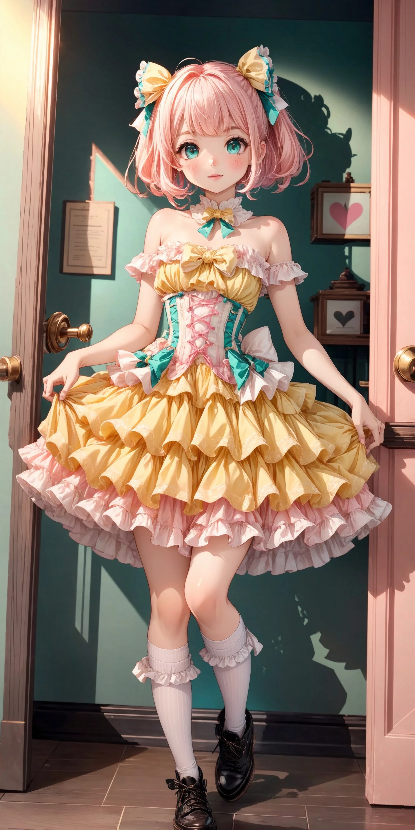 (fullbody, front facing, facing viewer) 1girl, light yellow basque waist strapless sleeveless dress, ((yellow dress : 1.2)), strapless, sleeveless, light pink, turquoise and hot pink lace-trimmed large chest ribbon, turquoise small chest ribbon, chest ribbons, pastel pink cross-laced bodice, hot pink cross-laces, pink and dark teal buttons, basque waist, waist ornament, waist ornaments, pink frilled padded heart waist ornaments, waist ribbons, teal waist ribbons, light yellow frills, light pink ruffles, white simple lace, white simple lace trim, light yellow and light pink attached layered ribboned skirt, bow skirt, bows, frilled bows, lace-trimmed bows, light pink bow, teal bows, <lora:more_details:0.7>, <lora:CutePainting:0.4>, <lora:scene_:0.5>, <lora:FashionComplexityEnhancerLORAv1:0.4>, <lora:29ca2e5b-9dc0-49f2-9266-af6e59011245:0.6>, <lora:96073874-f082-4683-942e-601cecac5c40:0.3>, <lora:f7d08feb-f21d-42d0-9ef1-a9481867524d:0.3>, <lora:5844635f-c9c3-4f9e-85c4-d0d40f201159:0.3>, , ,