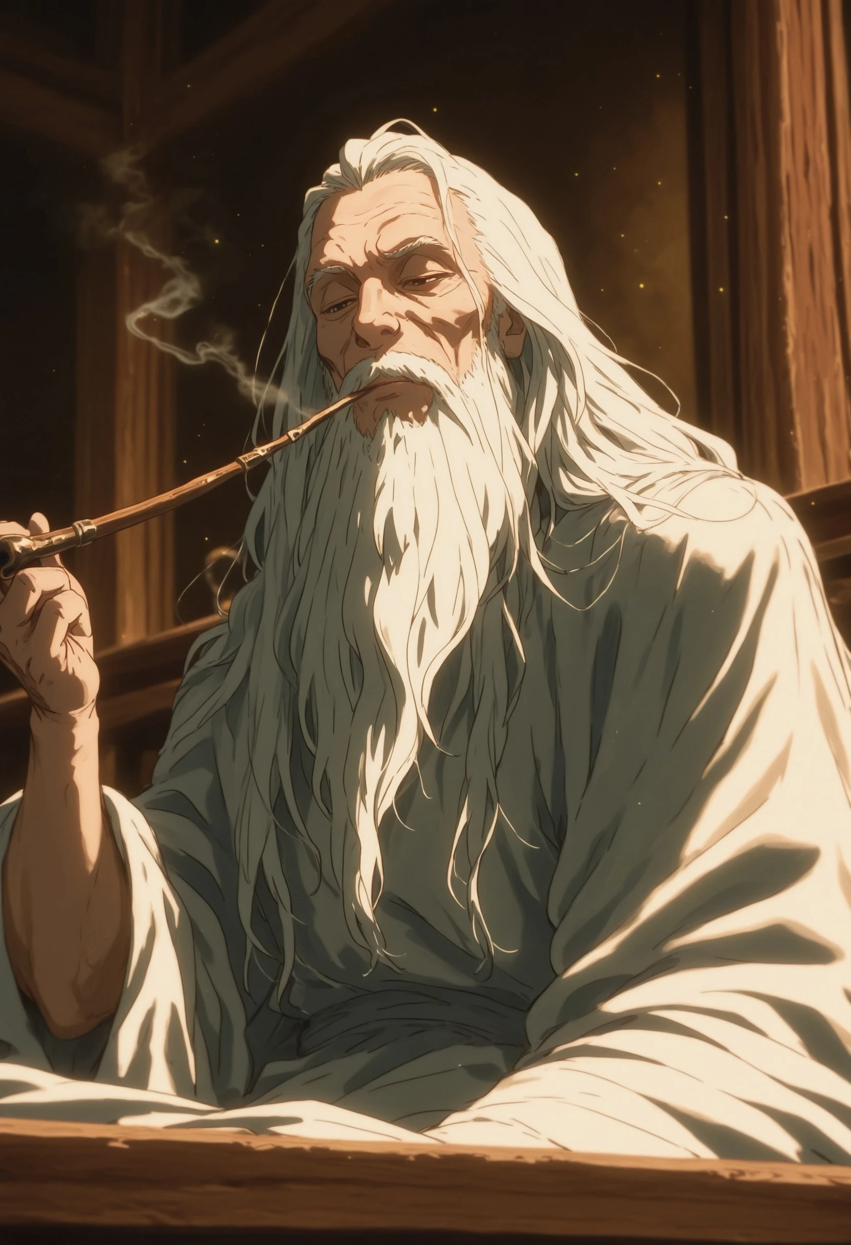 crdhrs2, 1boy, solo, beard, facial_hair, old, long beard, white_beard, gandalf, very long hair, (white_hair), long_robes, white_robes, stoic, holding, holding_pipe, smoking_pipe, smoke, wooden_pipe, upper_body, close up, sitting, wizard, (wizard-staff), dark, scholar, wooden_table, scrolls, dark_background, scenery, light particles, foreshortening, blurry_foreground, depth of field, masterfully drawn, 4K, amazing quality, aesthetic, details, framevault, latest 2024, crdhrs2, , <lora:f433d27d-5d64-45e4-8805-fb94d21fd6ad:0.9>