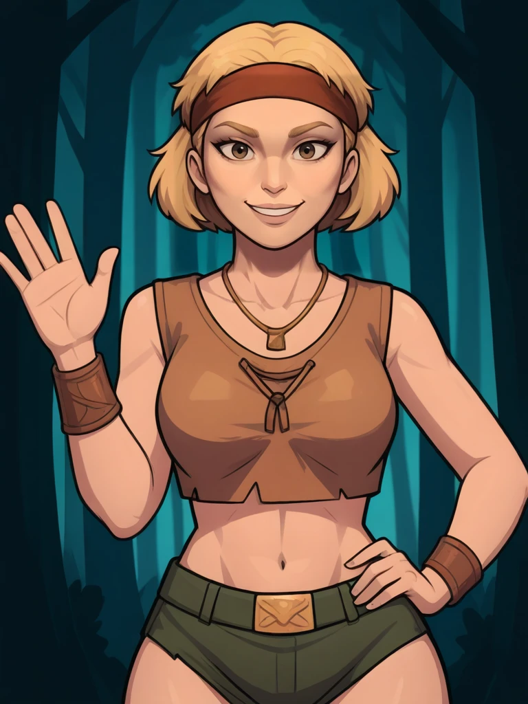 <lora:Fejyelsae__Classic_Dungeons__Dragons:0.7> fejyelsae,,short hair, blonde hair, headband,, necklace, jewelry,,midriff,,
standing in a forest, solo, looking at viewer, smiling, cowboy shot,
hand on hip, waving