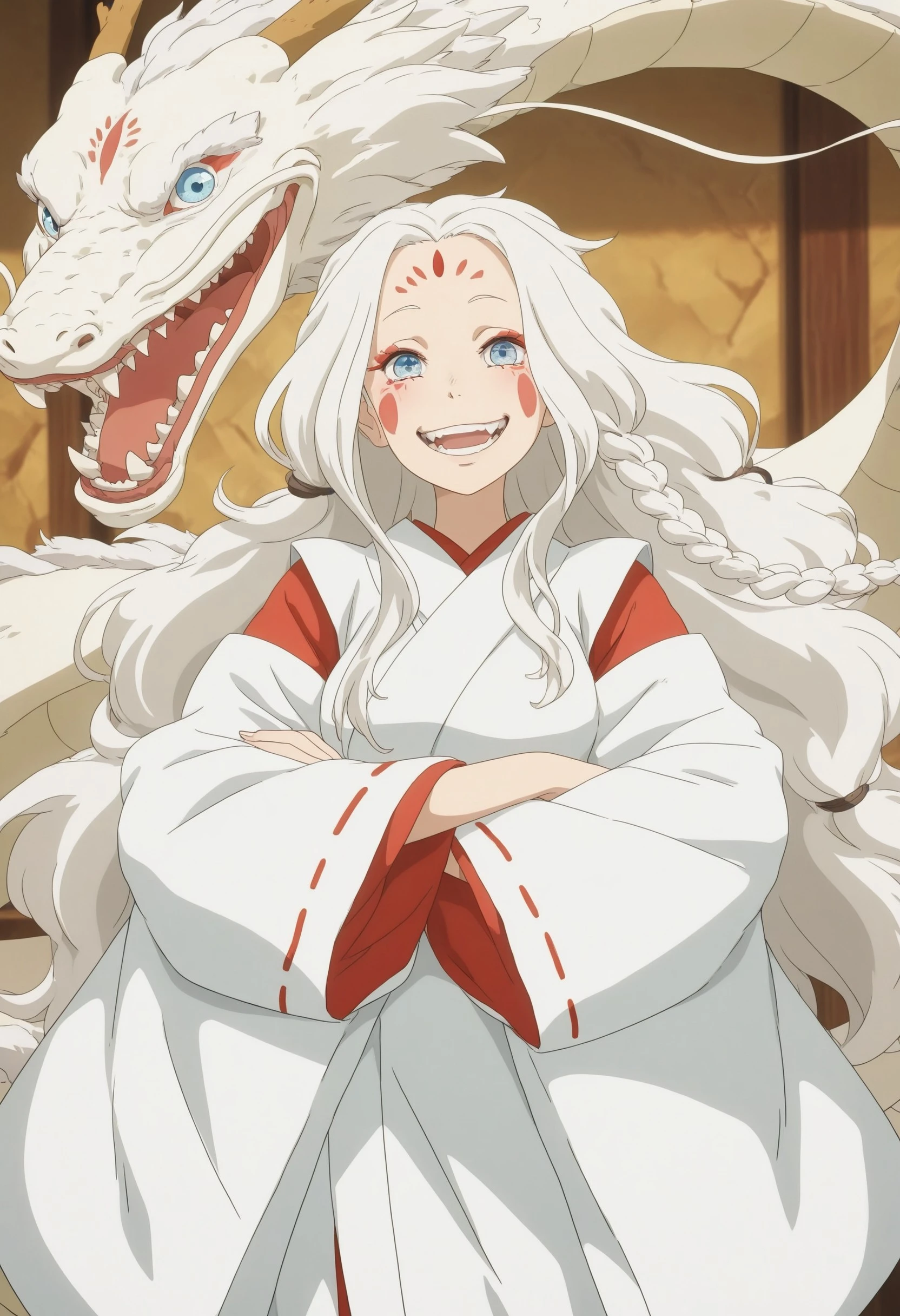 crdhrs2, 1girl, dragon, facial mark, long hair, white hair, blue eyes, japanese clothes, open mouth, smile, miko, crossed arms, braid, eastern dragon, solo, looking at viewer, teeth, forehead mark, masterfully drawn, 4K, amazing quality, aesthetic, details, <lora:f433d27d-5d64-45e4-8805-fb94d21fd6ad:1.0>