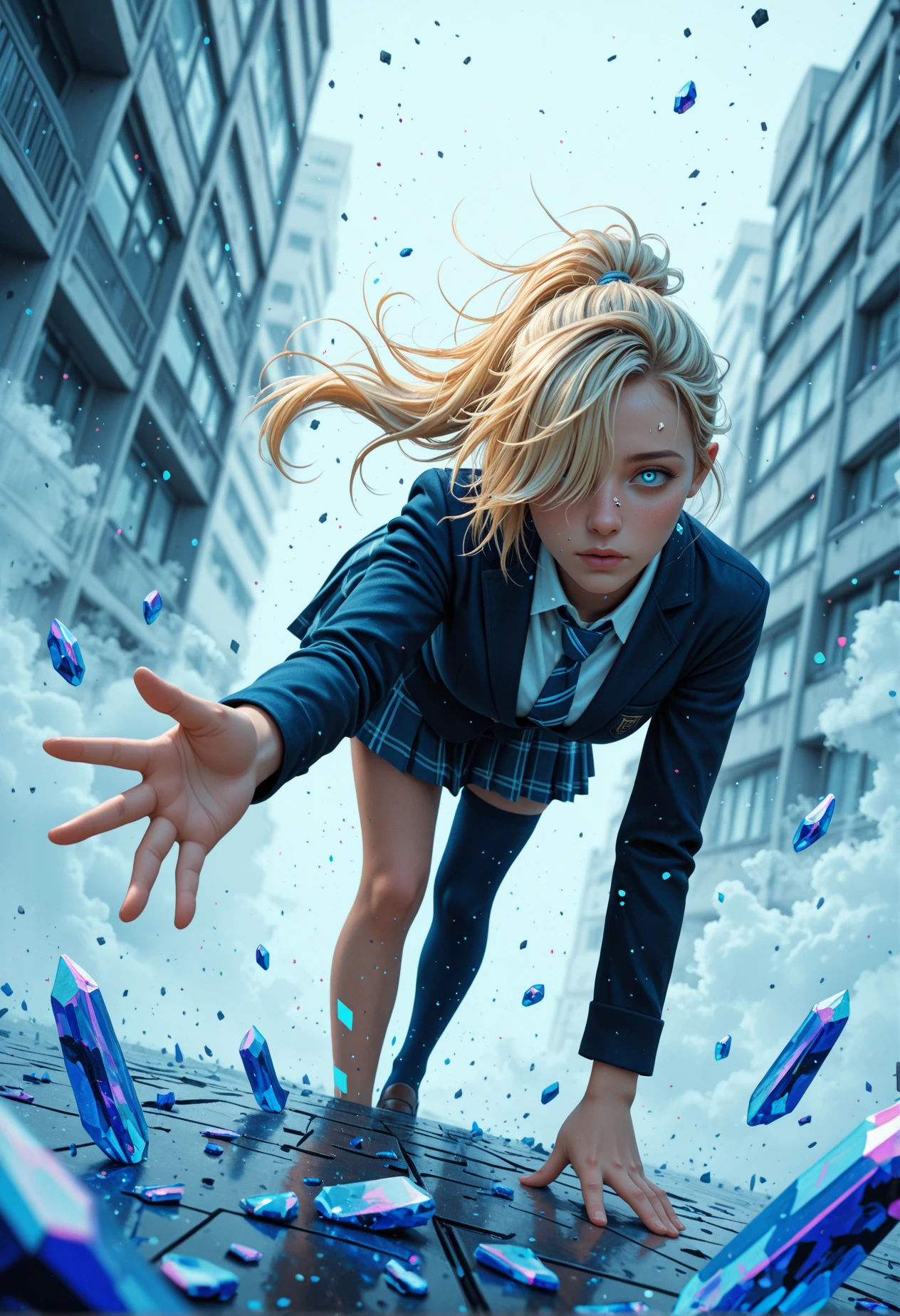 masterpiece, detailed_eyes, high_quality, best_quality, highres, subject_focus, depth_of_field, 
Limited Palette,monochromatic colors, glitch art, blue,
solo, 1girl, woman, blonde, floating hair, long hair, messy hair, asymmetrical bangs, hair over eye, ponytail,
school uniform, single_thighhigh,
fog, fragments, crystals, floating fragments, front particles,
motio, dynamic angle, reaching hand, sultry gaze, face_focus, bedroom_eyes, bent_over,