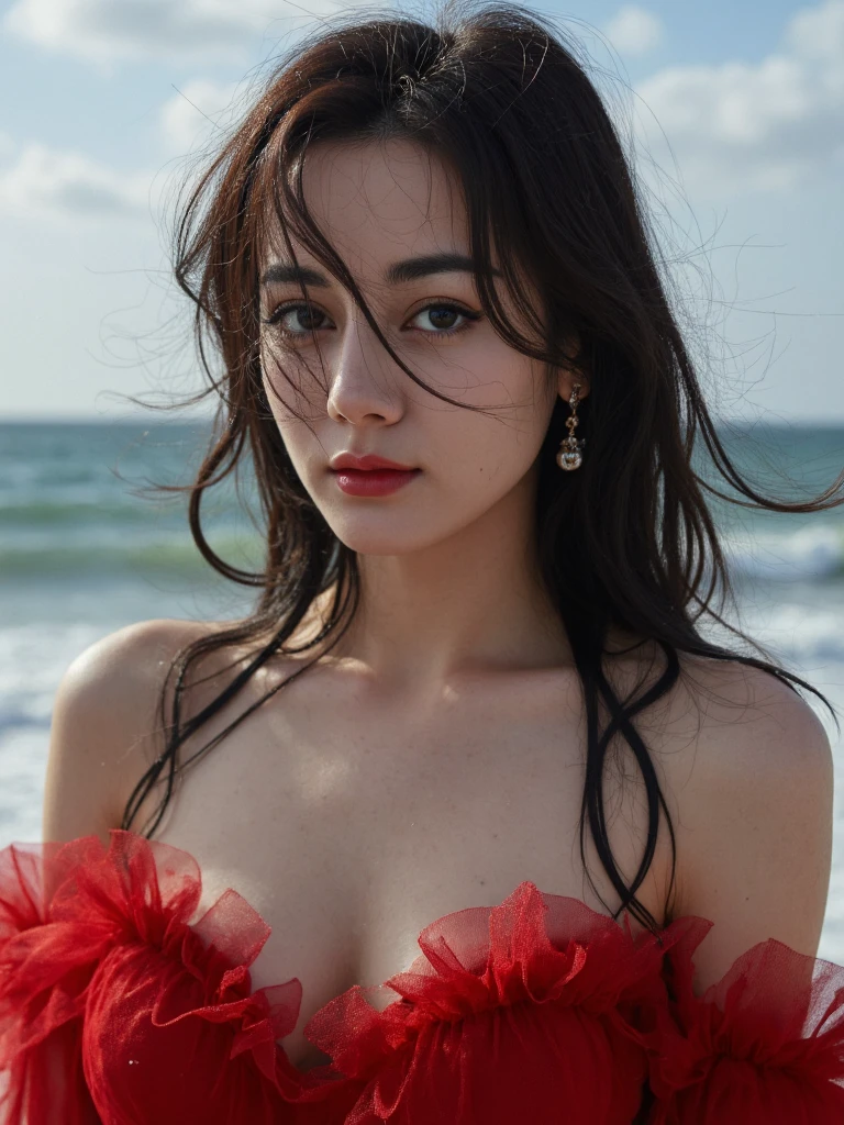 There are wonderful studio lights and various reflections,perfect light art,18yo cute beautiful asian girl with blushing,female orgasm,her detailed pale skin is naturally showing the texture of blood vessels,looking at viewer,
--,
<lora:dili_f1_rank2_bf16:1>,she is dilraba dilmurat,a young woman from china,
--,
--, --,This is a surreal Gothic style art photo. She is wearing a red off-shoulder tulle dress. The wind is blowing, and her log hair is fluttering in the wind. It is sunny and rainy, and the heavy rain wets her beautiful face. The background is huge waves and the Tyndall light shining through the clouds.