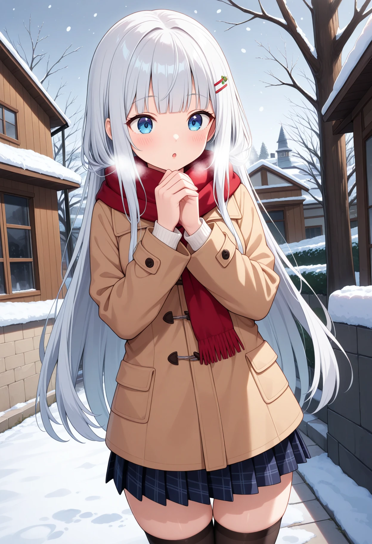 masterpiece, best quality, absurdres, very aesthetic, general,
1girl, skirt, solo, long hair, brown coat, winter coat, red scarf, snow, snowing, breath, pleated skirt, outdoors, blush, blue eyes, long sleeves, tree, bangs, plaid skirt, bare tree, parted lips, cowboy shot, silver hair, eyebrows visible through hair, standing, winter, black skirt, hands up, building, black thighhighs, white hair, very long hair, sidelocks, :o, blue skirt, buttons, house, road, street, hand up, blunt bangs, open mouth, window, sky, cold, own hands together, straight hair, thigh gap, winter clothes, hairpin, from side,