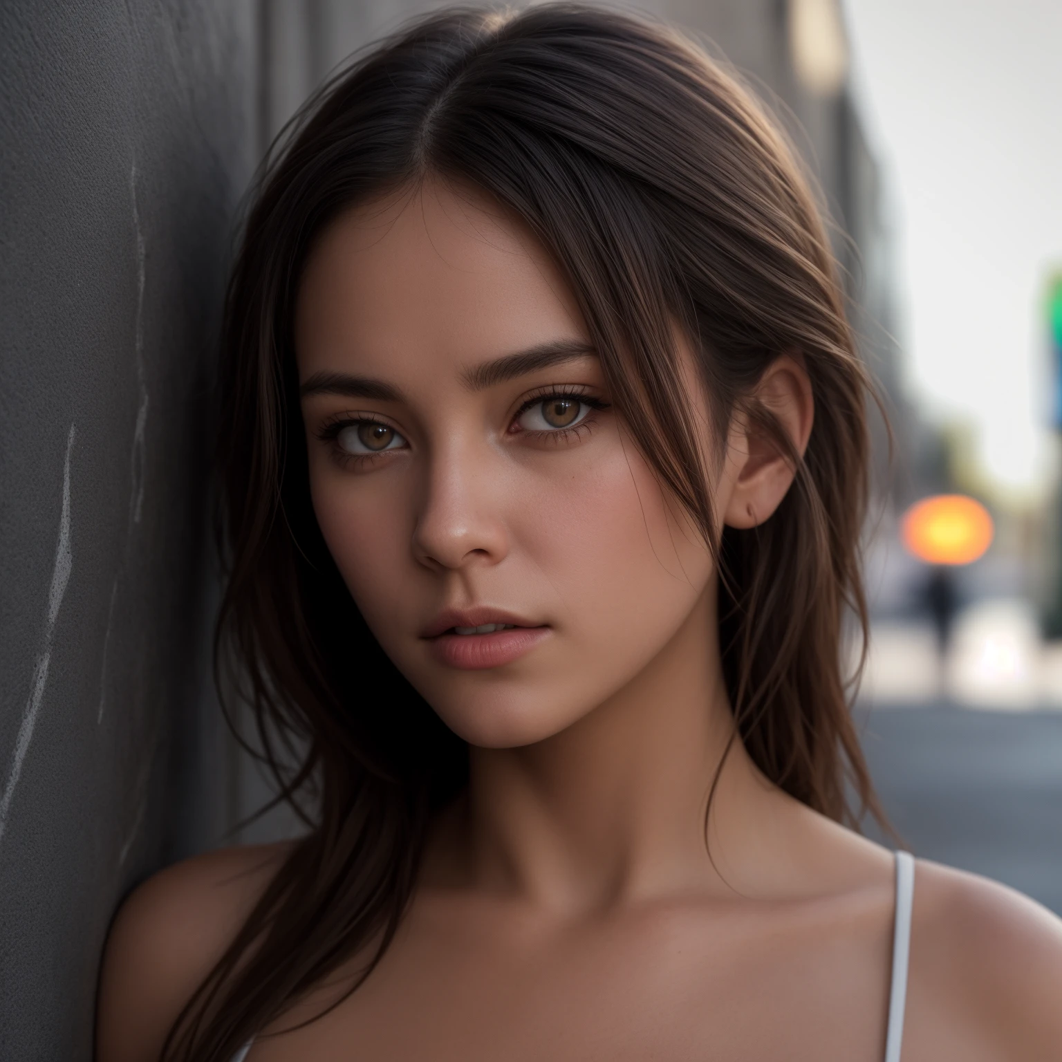 ultra-detailed,  sharp focus,  highres, dramatic lighting, cinematic, intricate details,  depth of field, masterpiece, best quality, 8k, DSLR photo, cinematic lighting, high detail, sharp focus, realistic skin texture, natural expression, mature woman, leaning on wall, street fashion, studio backdrop, low-key lighting, high angle, intense gaze