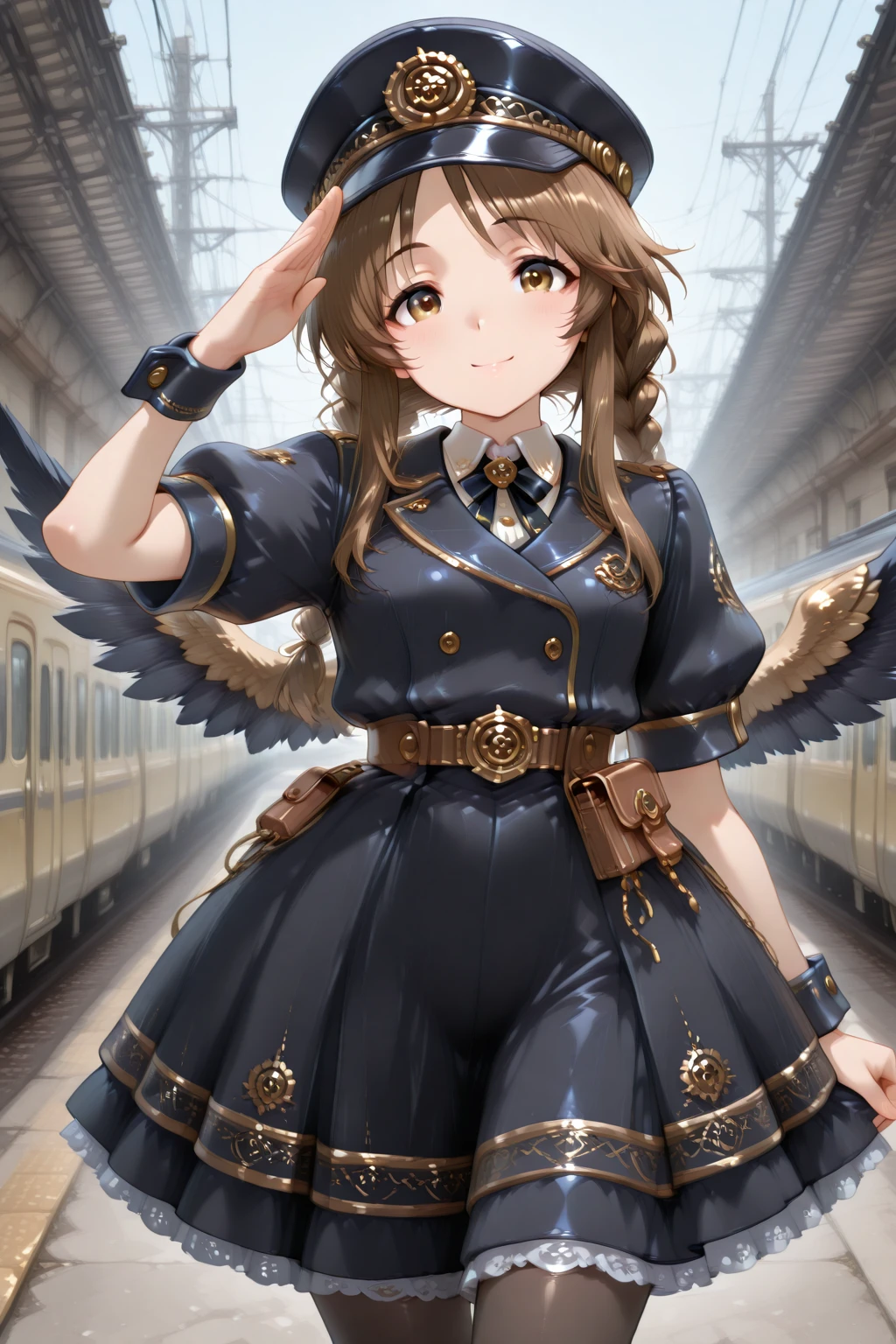 masterpiece, best quality, amazing quality, 1girl, solo, makeup, perspective, general, looking at viewer, dynamic angle, cowboy shot, serene smile, blush, train, platform, outdoors, salute, <lora:Takamori_Aiko_Cinderella:1>, Takamori_Aiko_Cinderella, long hair, brown hair, brown eyes, sidelocks, straight hair, twin braids, <lora:Midnight_Conductor_Dream_Jacket_Dress:1>, Midnight_Conductor_Dream_Jacket_Dress, frilled dress, black dress, gold trim, frills, puffy short sleeves, wings, black wings, belt, belt pouch, hat, black headwear, peaked cap, bow, bowtie, ribbon, jacket, collared shirt, buttons, black pantyhose, wrist cuffs, boots, black footwear, <lora:wai-2Rectified-V140:1>, <lora:Arctenoxs_Refiner_LoRA:1>