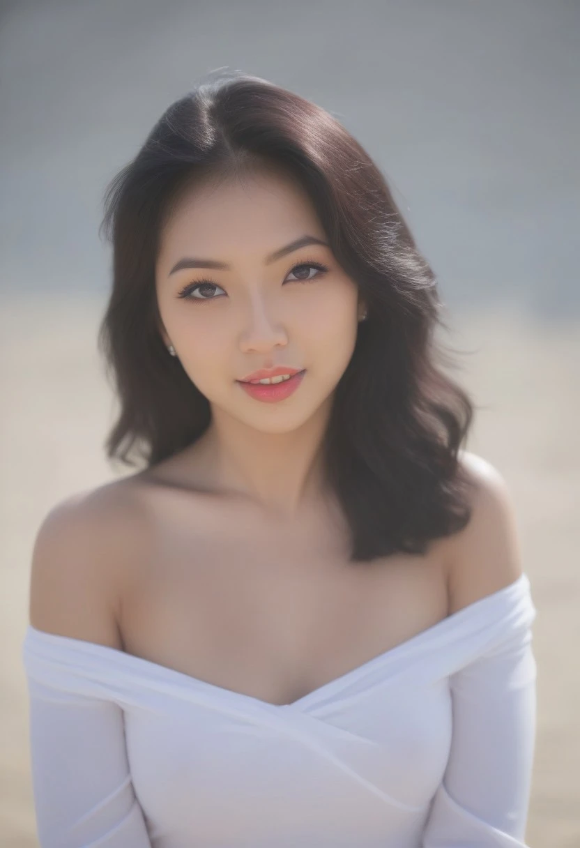 (score_9, score_8_up, score_7_up), award-winning masterpiece, RAW editorial photo, 4k, ray tracing, intricate details, highly-detailed, hyper-realistic, 8k RAW Editorial Photo, on a beach (full body shot) (analog photo:1.2),(art retouch, analog photo), (daylight, high quality, film grain), (natural colors, correct white balance, color correction, dehaze, clarity), (thick lips:1.3), cinematic light, dramatic light, shallow depth of field, (beautiful polynesian woman, mixed korean, mixed japanese, korean idol), natural light, soft light, besth lighting, high resolution, 8k, (best quality, masterpiece:1.2), photorealistic, ultra high res, intricate detail, Exquisite details and textures, ulzzang-6500-v1.1, ((make-up, blush-on, blush, blushing)),1girl, ((messy hair, smile, lips, collarbone)), model posing, hurry, outside, ((square face shape)), fullbody shot,