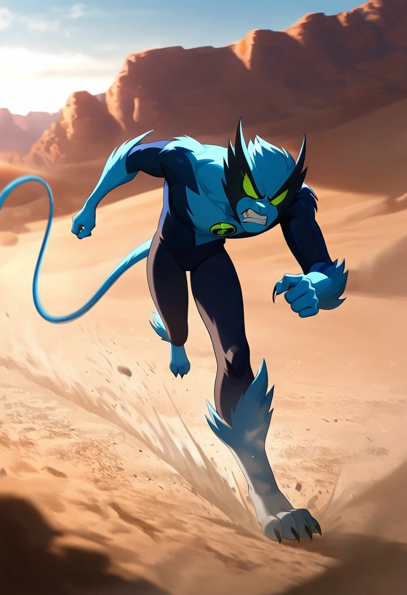 masterpiece, best quality, amazing quality, very aesthetic, absurdres, newest,, detailed background,
fastrack, solo, blue skin, green eyes, claws, green badge, fang,, feline tail, wide jaw, masculine, blue chest, digitigrade legs,
in desert, running, movie scene, dust trails, cinematic, foreground blur, angry, teeth, clenched teeth, leaning forward run, naurto run
