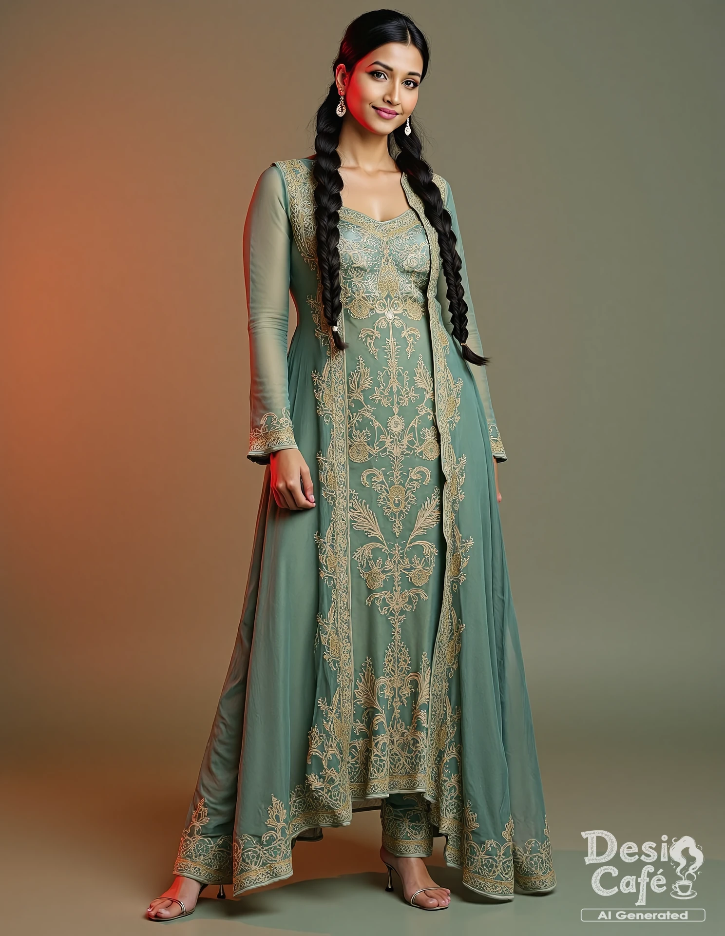 full body photo of sr1n2dh1 sh3tty woman, hyper realistic photo that is safe for work, serious, studio quality image with natural colors, well dressed wearing intricate long sleeved Sage Punjabi Suit, hair styled as french plait,muted pastel shaded multicolored background that contrasts with the person, cinematic lighting,âââââ âââ<lora:sr1n1dh1_sh3tty_Srinidhi_Shetty_Flux_Kohya_V1:1>âââ