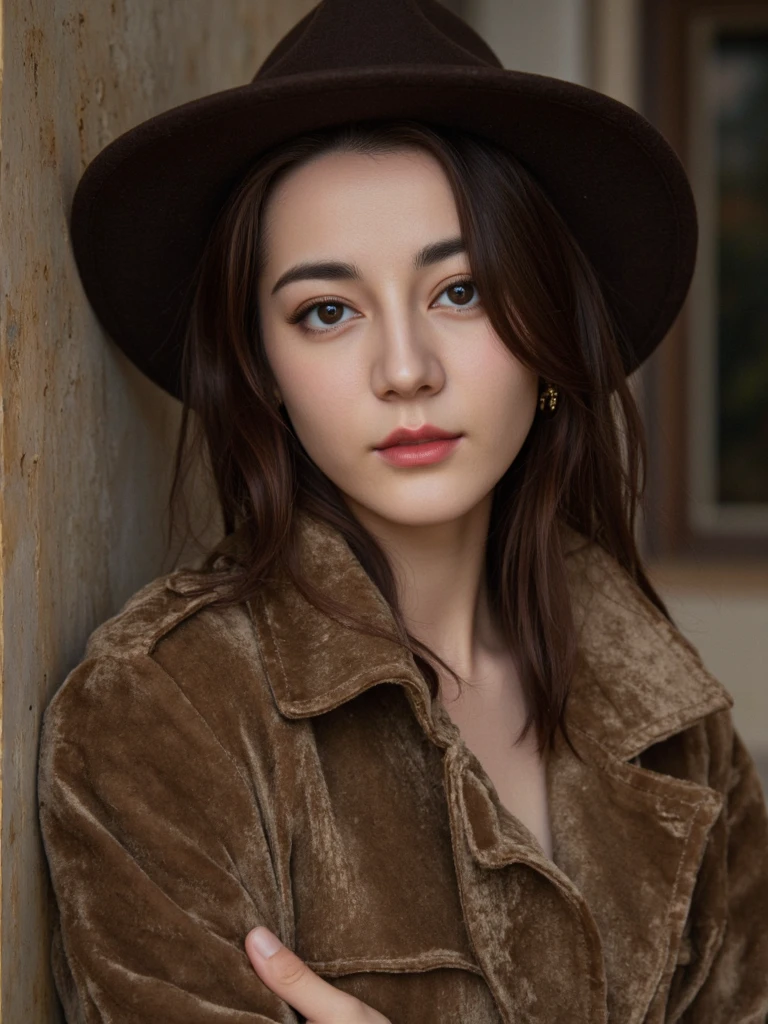 18yo cute beautiful asian girl with blushing,looking at viewer,(cowboy shot:1.2),This is an artistic portrait photography with a tragic atmosphere,
--,
<lora:dili_f1_rank2_bf16:1>,she is dilraba dilmurat,a young woman from china,
--,
--, --,perfect light art,Walking through gallery corridors, a brunette's velvet trench coat flaps open to reveal liquid mercury slip dress. Her stiletto heels click on marble as renaissance portraits' eyes follow her swaying hips.