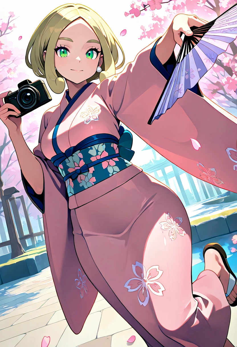 masterpiece, best quality, solo, curvy, beautiful eyes, narrow waist, wide hips, 1girl, solo, smile, looking at viewer, dynamic angle, foreshortening, close up,    zzViola, viola (pokemon), green eyes, eyelashes, thick eyebrows, blonde hair, short hair, parted bangs, sidelocks, holding camera,  <lora:ViolaPokemonIXL:1.0>,[Japanese Cherry Blossom Park], light pink kimono with delicate cherry blossom embroidery, wide obi belt with intricate patterns, white sandals with pink flower detail, elegant folding fan, pearl earrings, standing beneath a blooming sakura tree with petals gently falling, serene park with a koi pond,