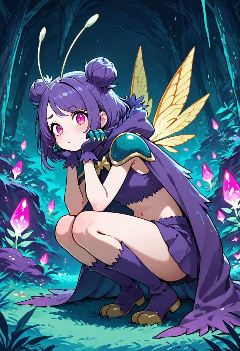 <lora:SlimesButterfreeGirlV1.0-000001:1>, solo pokemon woman, (purple skin:1.3), butterfly wings, sundress, flower field background, masterpiece, art by Kentaro Miura