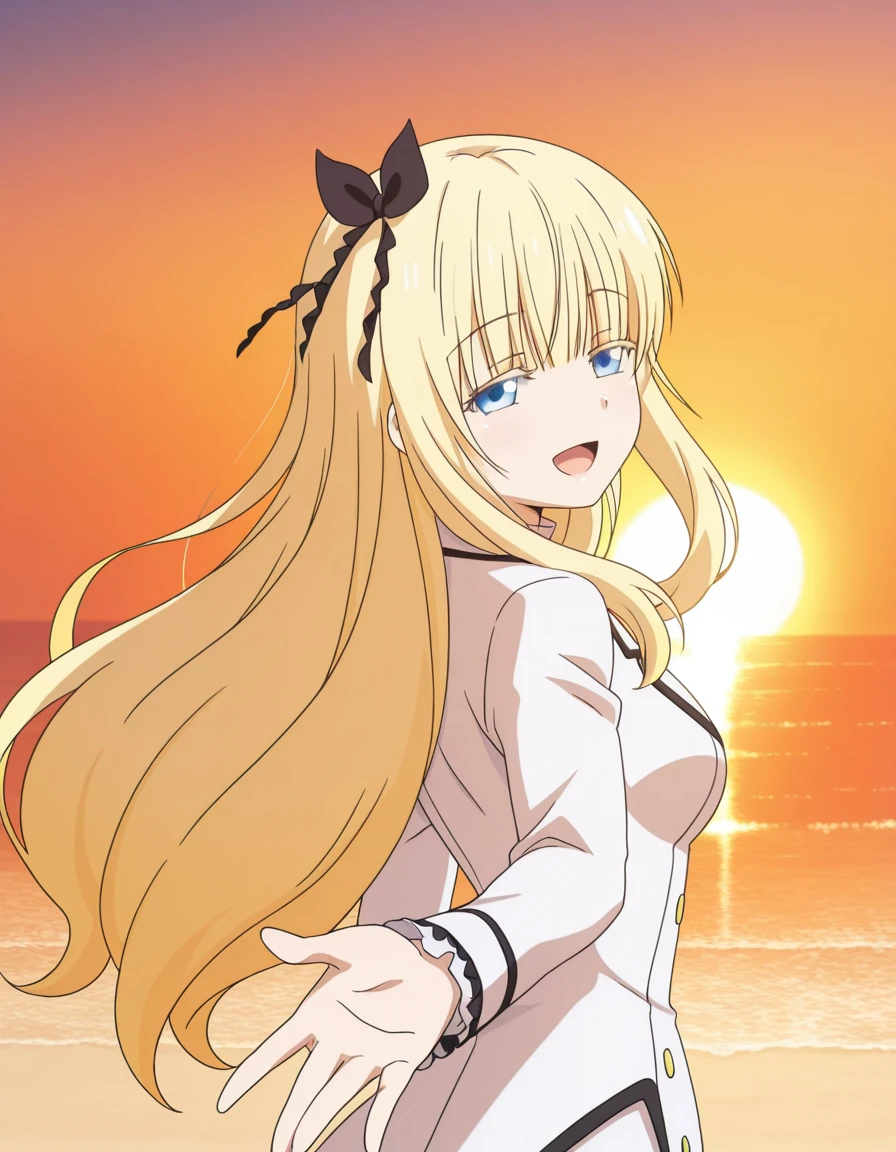 masterpiece, best quality, amazing quality,, <lora:juliet-persia-s1-illustriousxl-lora-nochekaiser:1>, juliet persia, long hair, bangs, blue eyes, blonde hair, black ribbon, black bow, hair ribbon, hair bow, mature female, medium breasts, anime screencap, <lora:looking-back-reaching-towards-viewer-illustriousxl-lora-nochekaiser:1>, looking back reaching towards viewer, looking at viewer, smile, looking back, open mouth, reaching towards viewer, beach, half-closed eyes, cowboy shot, sunset, ,