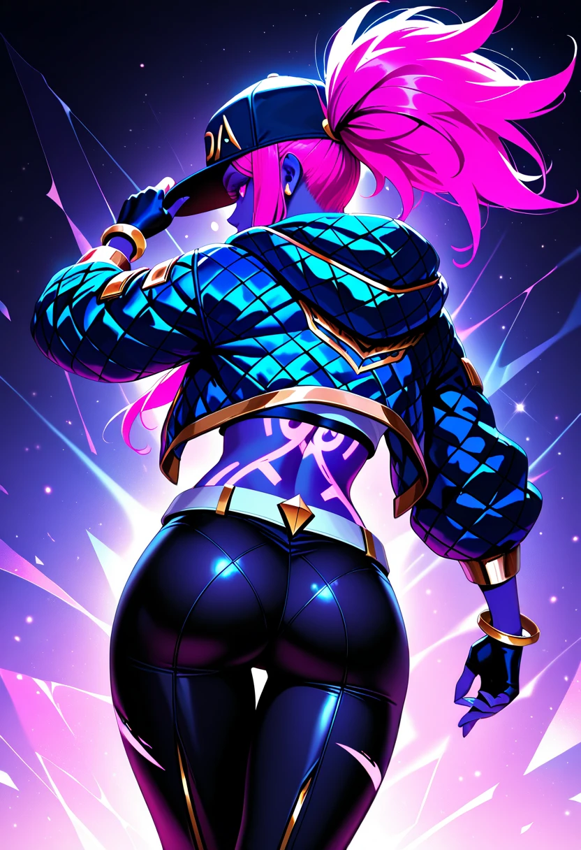 (masterpiece:1.35), (very aesthetic, best quality:1.3), western comics \(style\), colored manga illustration, Back lighting, BREAK 1girl, k/da akali, purple skin, blacklight, body paint, neon tattoos, glow, abstract background, glow, neon, dynamic pose, highly detailed, absurdres,