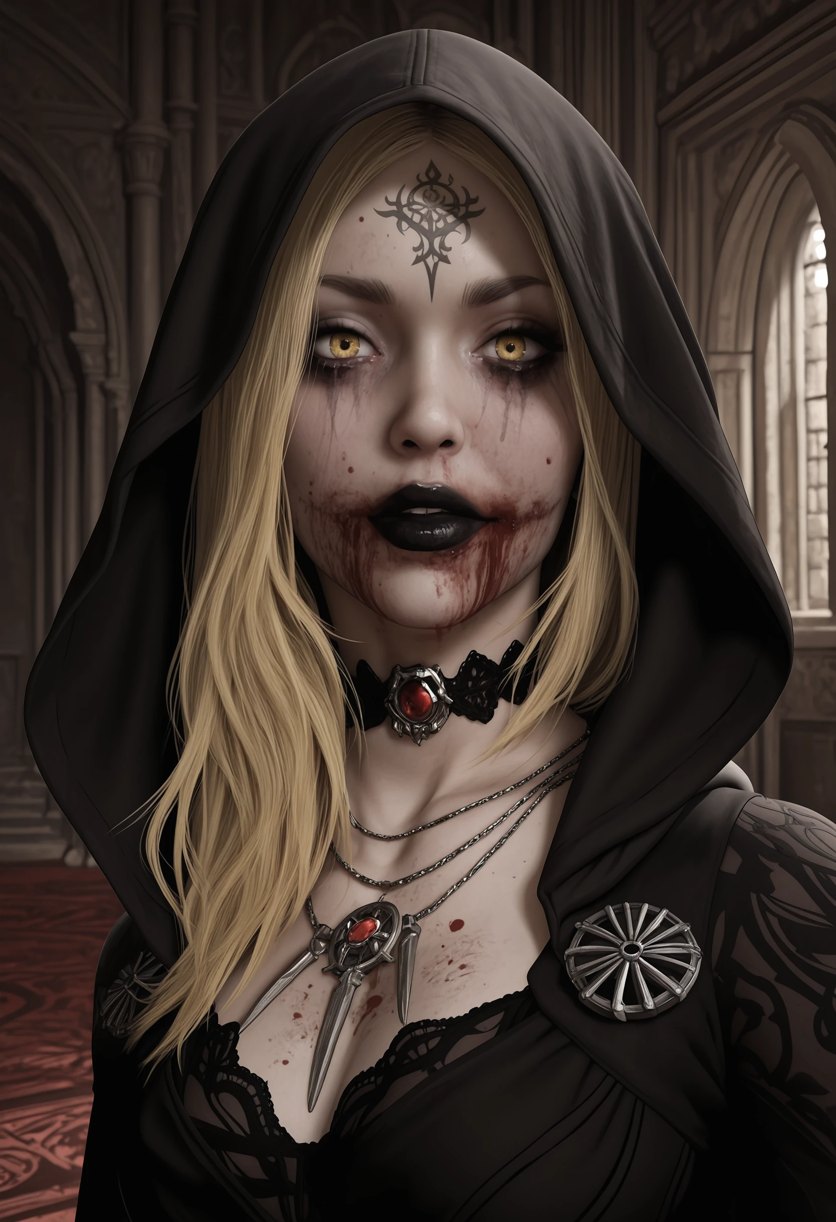 masterpiece, best quality, amazing quality, very aesthetic, absurdres, newest, <lora:BelaDimitrescuILf:0.75> b3lilf, 1girl, blonde hair, yellow eyes, black lips, forehead tattoo, hood, dress, choker, necklace, looking at viewer, portrait, from side, blood on face,
castle interior,