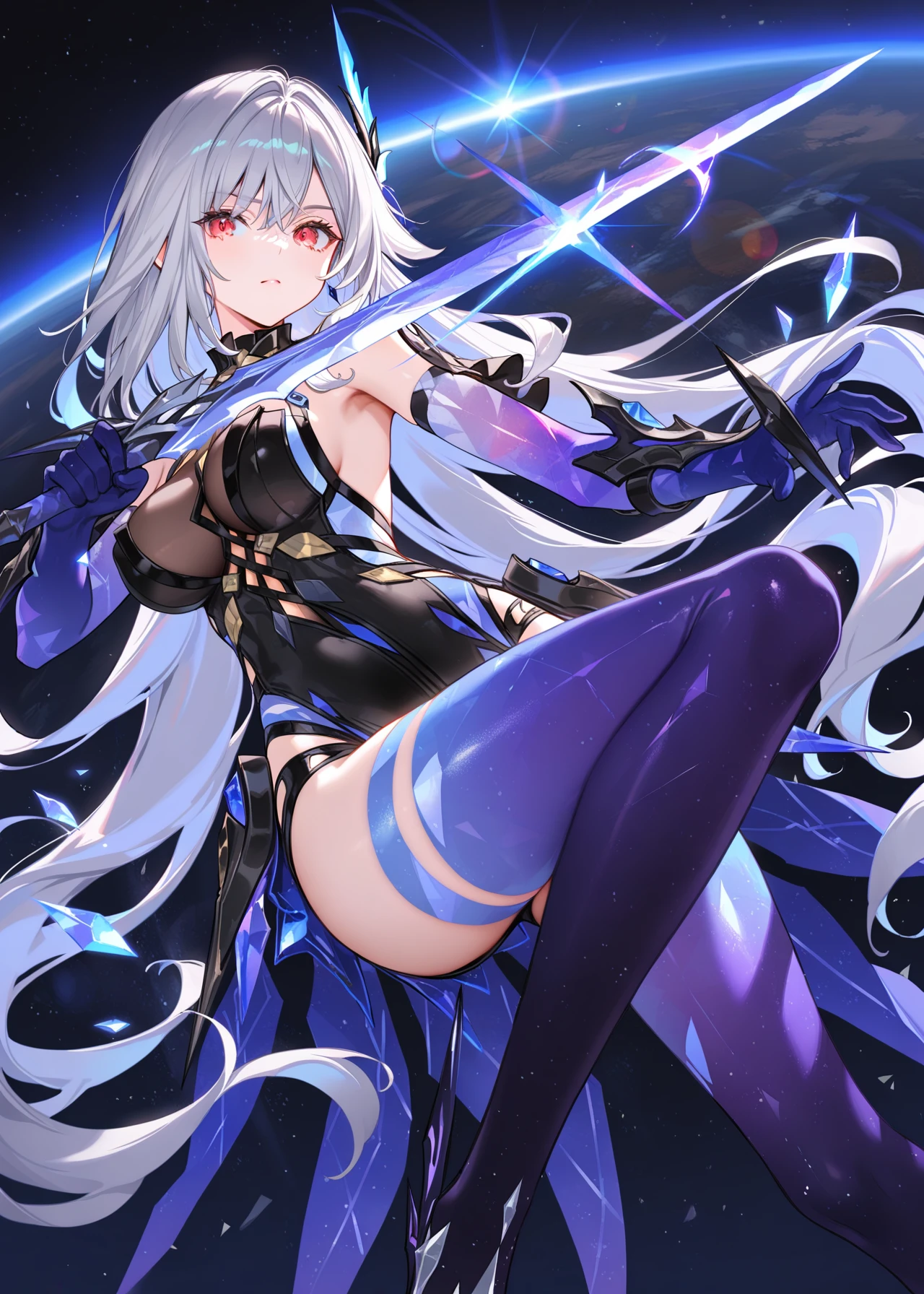 (Fine and beautiful eyes)、long hair，Long, blue-gray hair，Two moles，Mole under the eye，Beautiful purple eyes，Detailed eyes，Detailed face，Large breasts，Black Hoodie、Thin legs，Long black boots、High resolution eyes、Jewel-like eyes、Straight Hair、Minimally revealing clothing、Short, oversized black shorts、Shorts that cover the thighs，Extreme Detail、High resolution、Shining Eyes