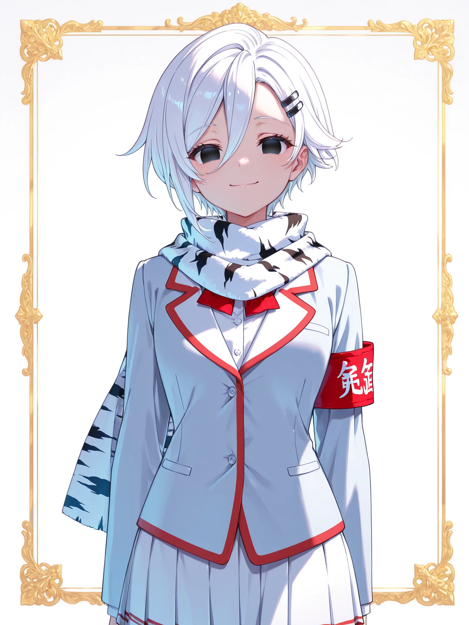 siiqa vivi, shuri (84k) <lora:ShiromiXL:1> Shiromi_YS, 1girl, short hair, empty eyes, school uniform, tiger print, armband, pleated skirt, hairclip, scarf, smile, solo, white hair,
masterpiece, best quality, amazing quality, very aesthetic, absurdres, newest, lazypos, gradient background, <lora:retrocute:1>, inset border, cowboy shot, looking at viewer, <lora:cfg_scale_boost:0.9>, simple background, white background,