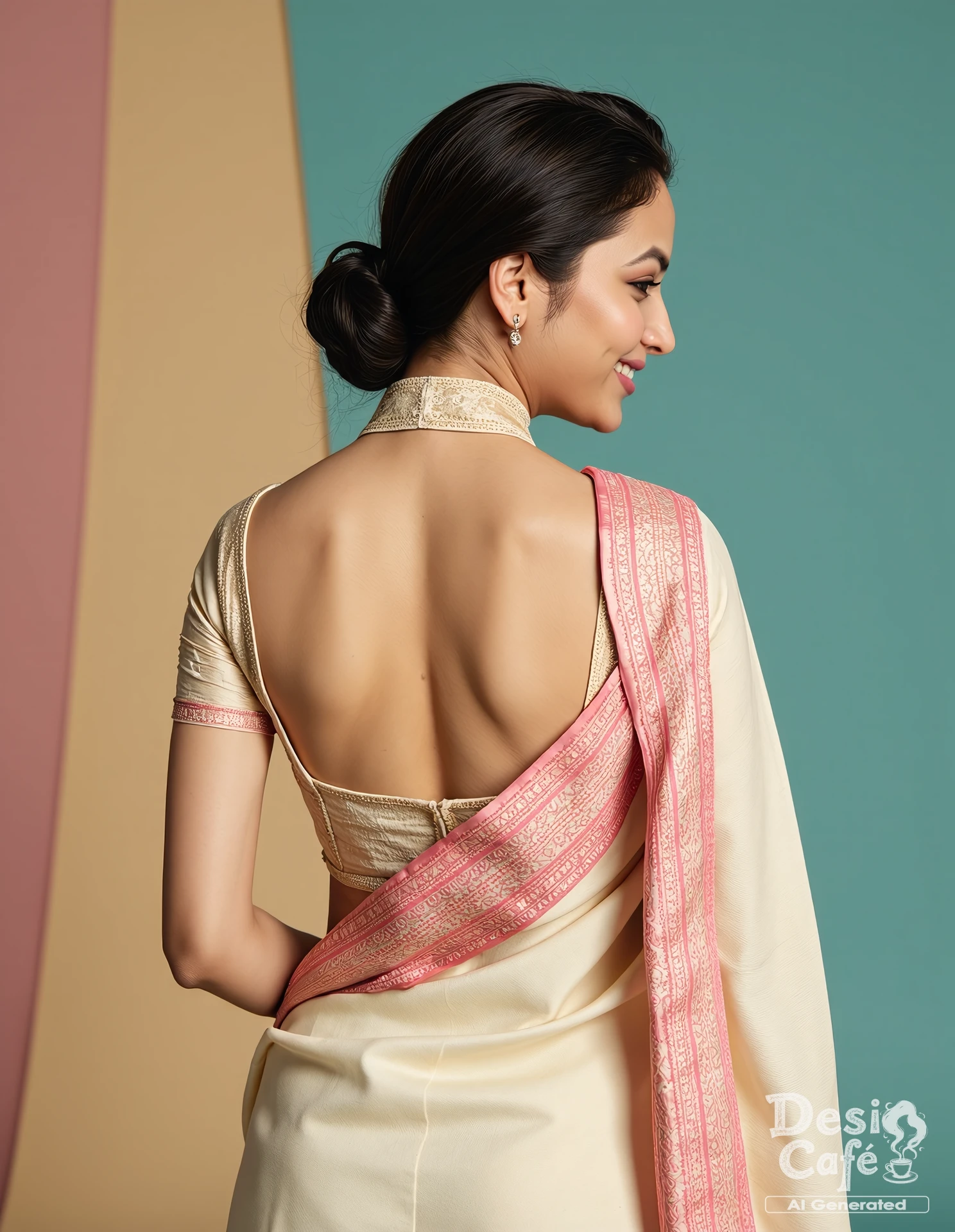 from behind,looking back photo of sr1n2dh1 sh3tty woman, hyper realistic photo that is safe for work, laughing, studio quality image with natural colors, well dressed wearing intricate turtleneck Ivory Banarasi Silk Saree, hair styled as 90s blowout,muted pastel shaded multicolored background that contrasts with the person, cinematic lighting,âââââ âââ<lora:sr1n1dh1_sh3tty_Srinidhi_Shetty_Flux_Kohya_V1:1>âââ