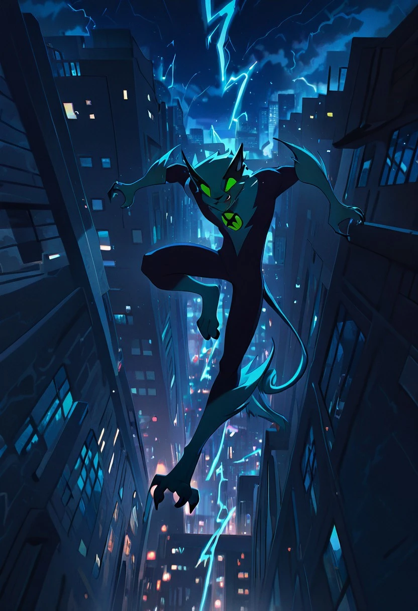 masterpiece, best quality, amazing quality, very aesthetic, absurdres, newest,, detailed background,
digitigrade legs,
fastrack, solo, blue skin, green eyes, claws, green badge, fang,, feline tail, wide jaw, masculine, blue chest,
jumping from building, smile, falling, thunder, lightning, night city, city view,