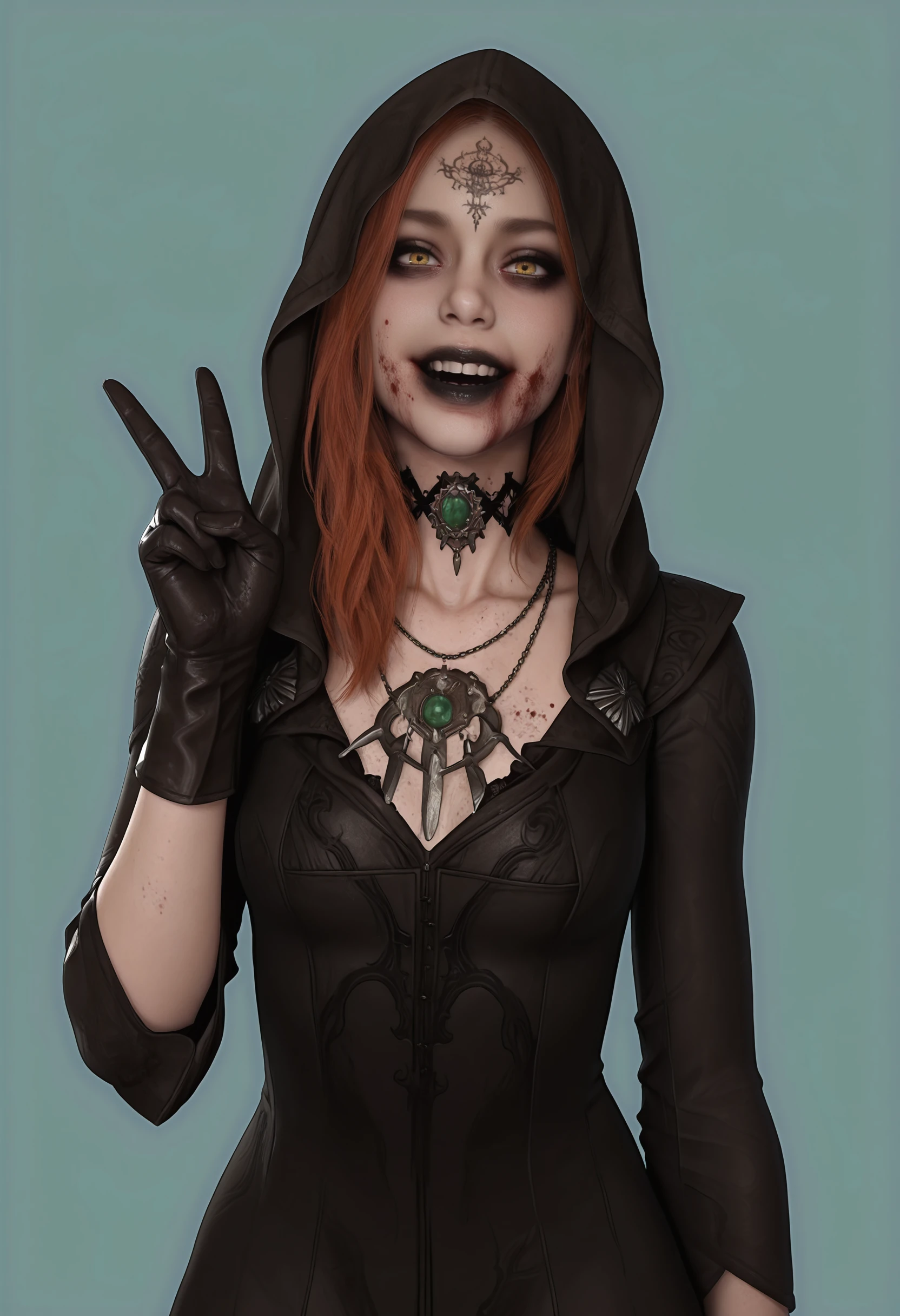 masterpiece, best quality, amazing quality, very aesthetic, absurdres, newest, <lora:DanielaDimitrescuILf:1> d4nilf, 1girl, red hair, yellow eyes, black lips, forehead tattoo, blood on face, choker, necklace, dress, hood, gloves, upper body, standing, :D, v,
light blue background, simple background,