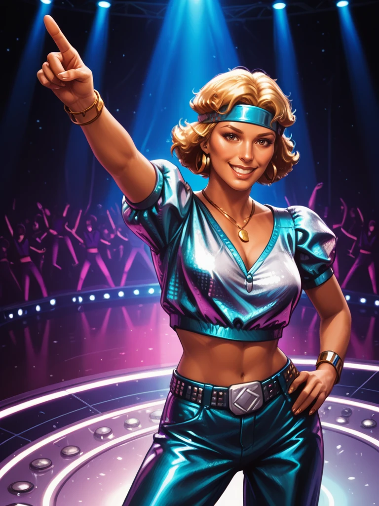 <lora:Fejyelsae__Classic_Dungeons__Dragons:0.7> fejyelsae,,short hair, blonde hair, headband,, necklace, jewelry,,midriff,,
smiling, dance victory
dancing disco, disco, solo, one hand pointing to the sky, one hand on hip,