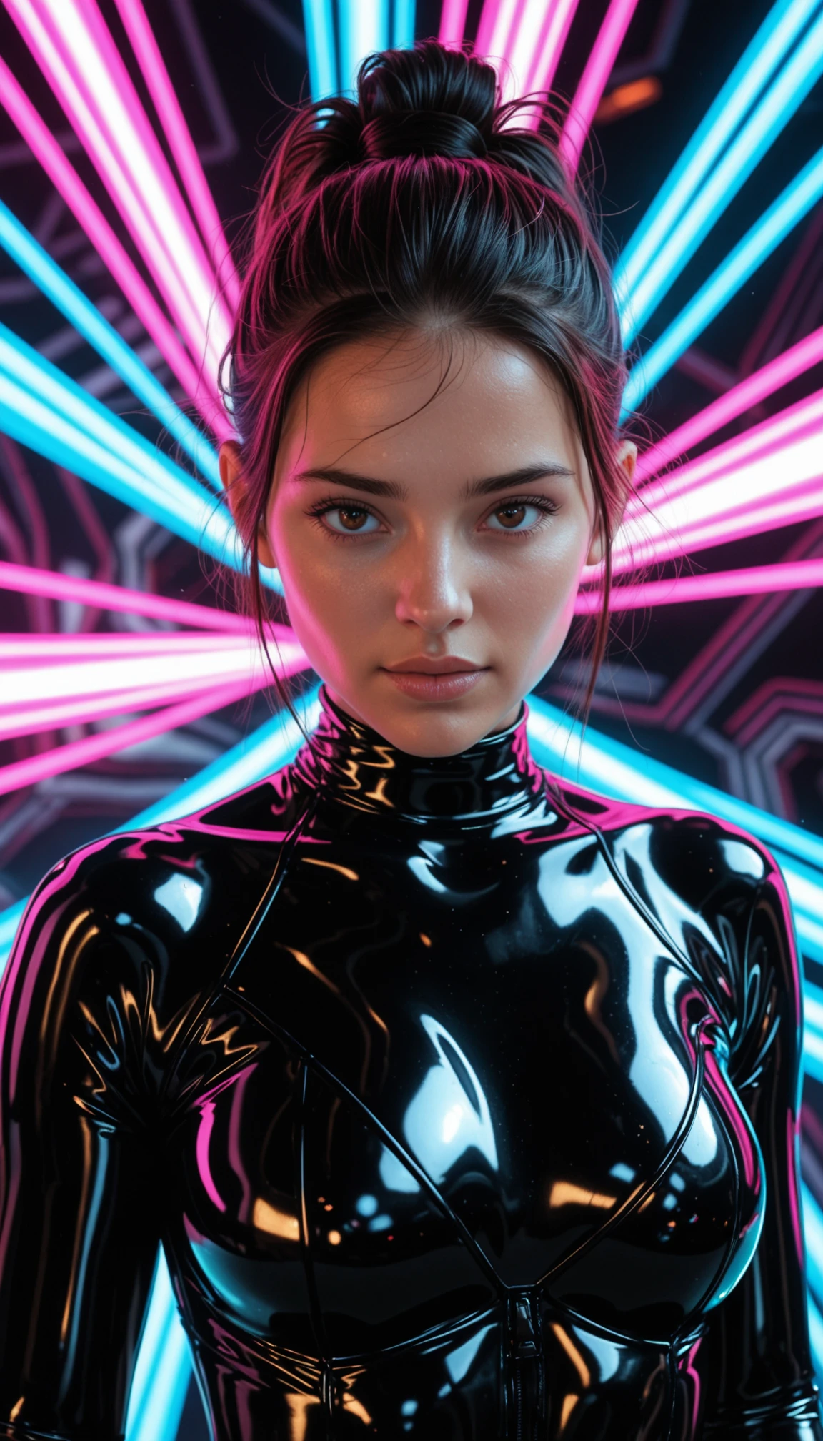masterpiece, best quality, amazing quality, very aesthetic, high resolution, ultra-detailed, absurdres, photo, realistic, dramatic shadows, cinematic lighting, a cute woman, folded ponytail, looking at viewer, (shiny latex black bodysuit:1.2), sharp focus, neon colors, backlit, rim light, (synthwave, mind bending:1.2), neon beam, (chaos neon background, abstract background:1.2), inter dimensional, upper body, portrait, dutch angle, BREAK, slow shutter speed, motion blur, depth of field, photorealistic details