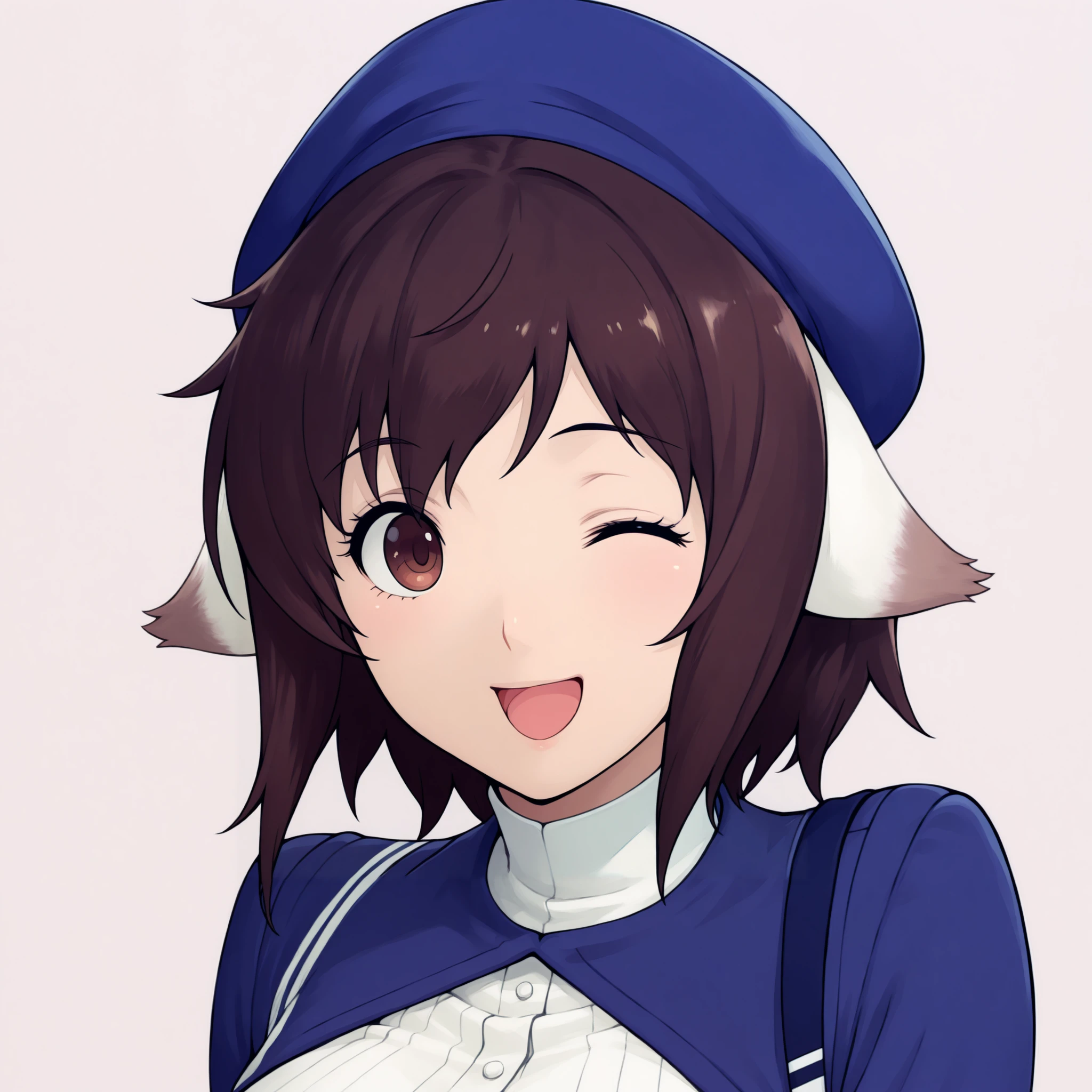 masterpiece, best quality, solo, 1girl, smile, looking at viewer, <lora:Metaphor-portraits-illus_Fp:1>, simple background, portrait, <lora:lynemei-plunderer-richy-v1_ixl:1>, lnme, brown eyes, brown hair, short hair, animal ears, blue beret, breasts, blue jacket, white shirt, long sleeves, open mouth, one eye closed,