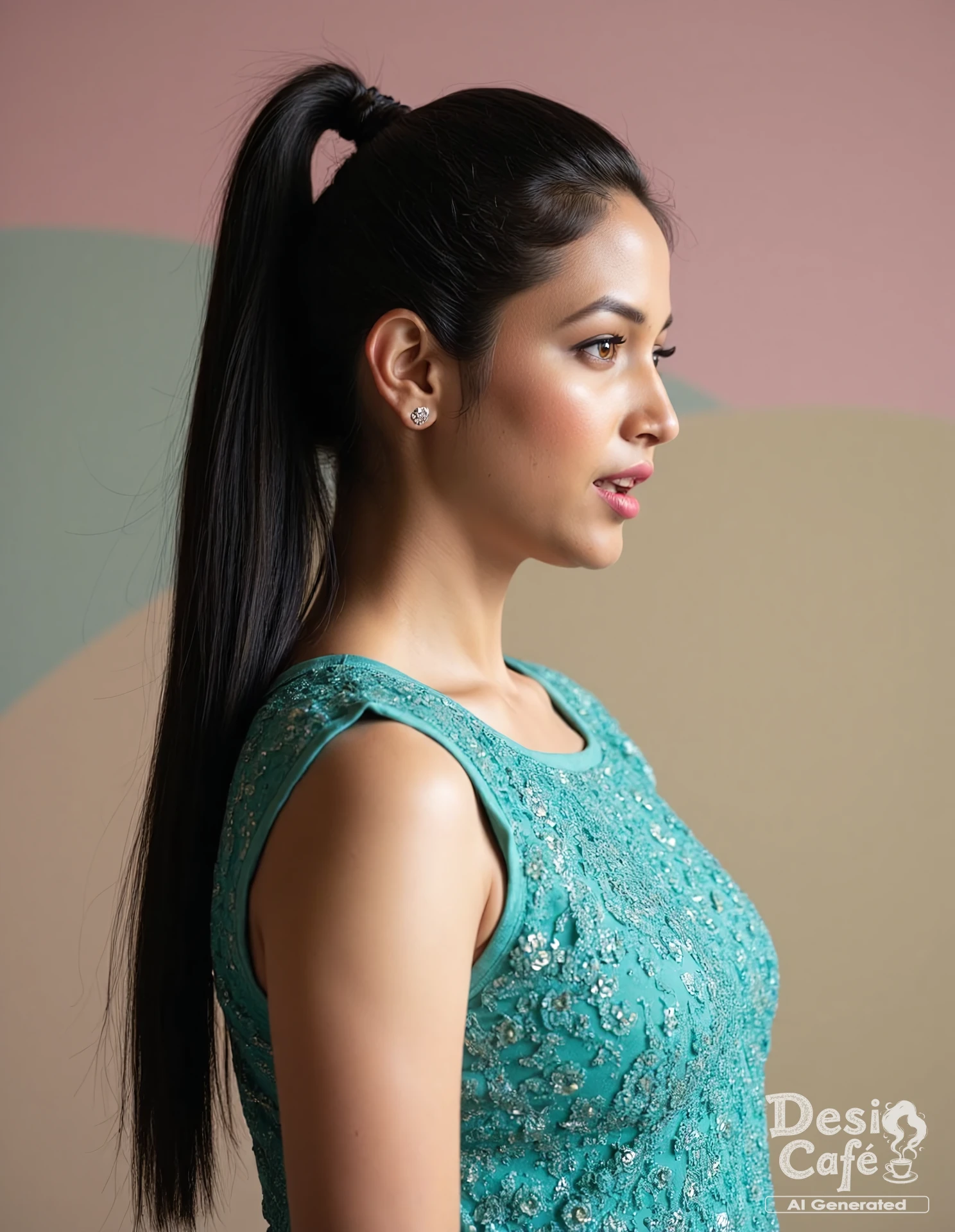 side view photo of sr1n2dh1 sh3tty woman, hyper realistic photo that is safe for work, mouth open in surprise, studio quality image with natural colors, well dressed wearing intricate sleeveless Cyan Phulkari Suit, hair styled as high ponytail,muted pastel shaded multicolored background that contrasts with the person, cinematic lighting,âââââ âââ<lora:sr1n1dh1_sh3tty_Srinidhi_Shetty_Flux_Kohya_V1:1>âââ