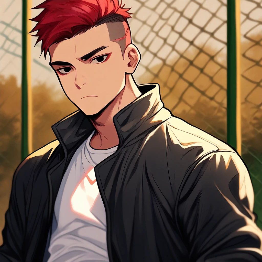 masterpiece, best quality, absurdres, 1LLUSMJ7, 1boy, male focus, solo, shirt, red hair, looking at viewer, jacket, short hair, white shirt, outdoors, undercut, fence, upper body, closed mouth, chain-link fence, black jacket, blurry, black eyes, open clothes, open jacket